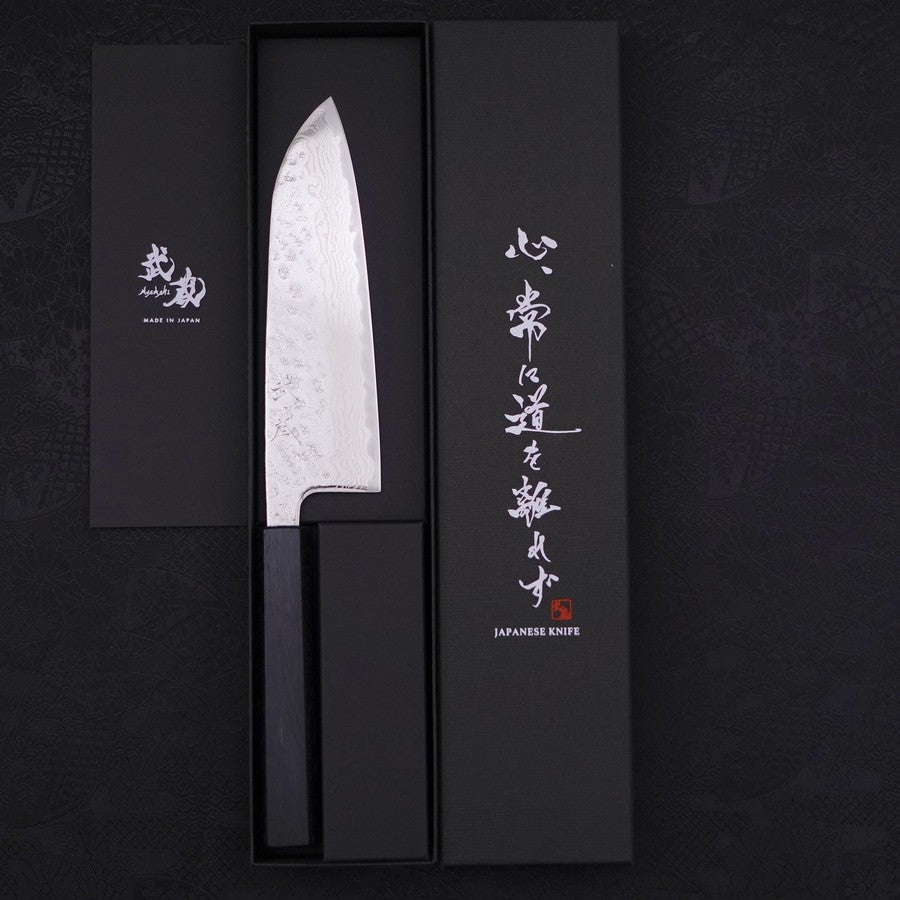 Premium Santoku Knife 165mm - AUS 10 Steel, Nashiji Damascus Pattern with Dark Blue Urushi Handle - Perfect for Sushi, Vegetables & Precision Cutting