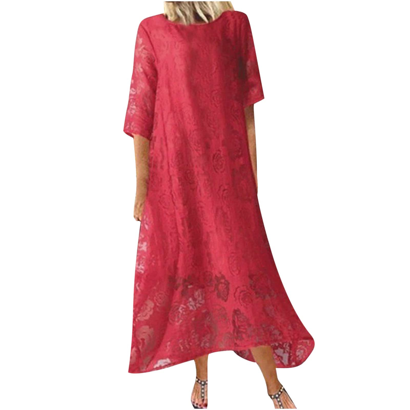 Vintage Rose Print Wedding Guest Dress for Women - Round Neck Half Sleeve Long Summer Dress in Solid Colors | Perfect for Garden Weddings, Cocktail Parties & Formal Events