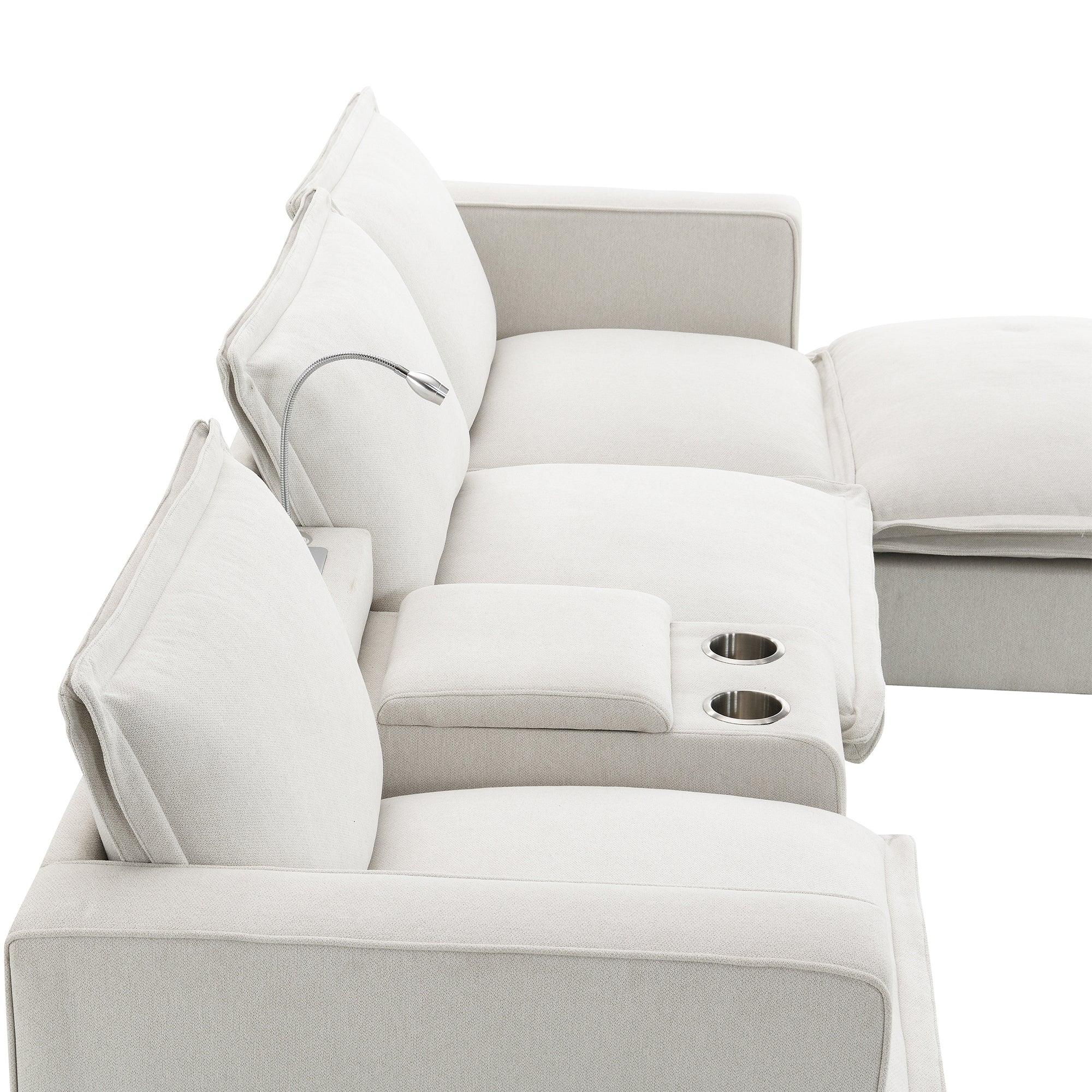 Modern 4-Seat Chenille Modular Sectional Sofa with Console, USB Charging Port, Reading Light & Cup Holders - Cloud Couch for Living Room, Apartment (2 Colors) | Perfect for Family Gatherings, Movie Nights & Small Space Living