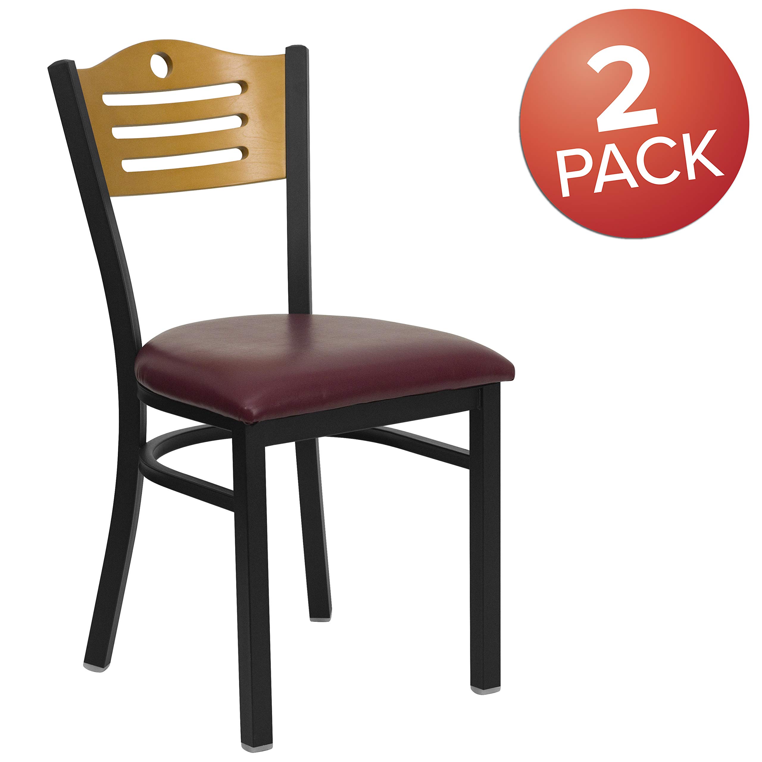 2 Pack Black Slat Back Metal Restaurant Chairs - Natural Wood Back & Burgundy Vinyl Seat - Durable Dining Chairs for Restaurants, Cafes, Bistros, and Home Kitchens