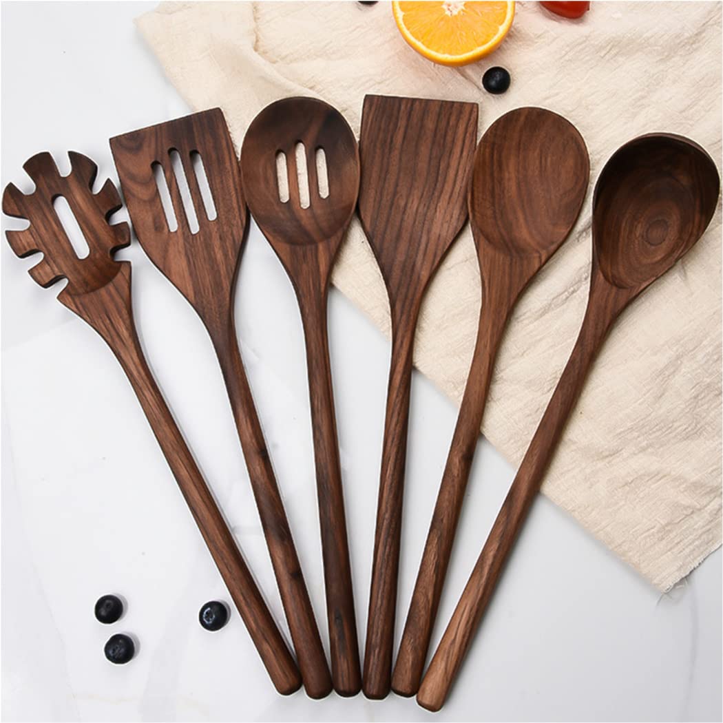 Premium Black Walnut Kitchen Utensils Set - Handmade Natural Wooden Spoons, Slotted Spoon, Spaghetti Server & Spatulas for Cooking & Serving | Ideal for Home Chefs, Gourmet Cooking & Elegant Dining