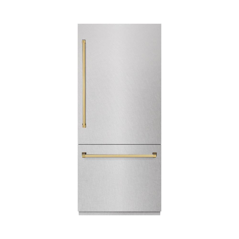 ZLINE Autograph Edition 36 Inch Built-In Bottom Freezer Refrigerator - 19.8 cu.ft Capacity, Water Dispenser & Ice Maker - Satin Stainless Steel Exterior with Graphite Gray Interior & Polished Gold Accents (GRBITZ SN 36 G) - Perfect for Modern Kitchens & Luxury Homes