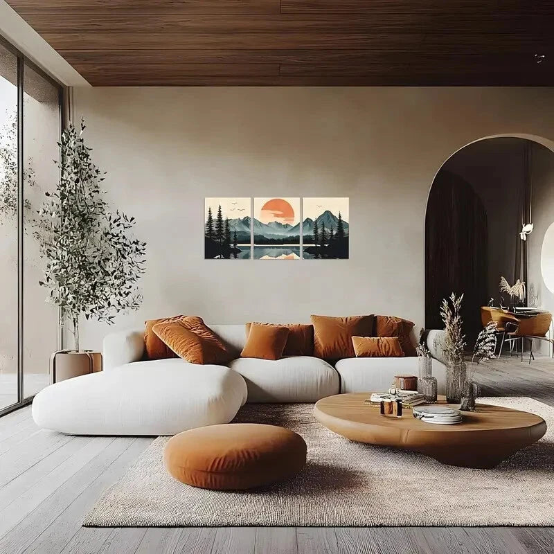 3pcs Bohemian Sunset Lake & Pine Trees Metal Wall Art - Ready to Hang Landscape Prints for Living Room, Bedroom & Office Decor