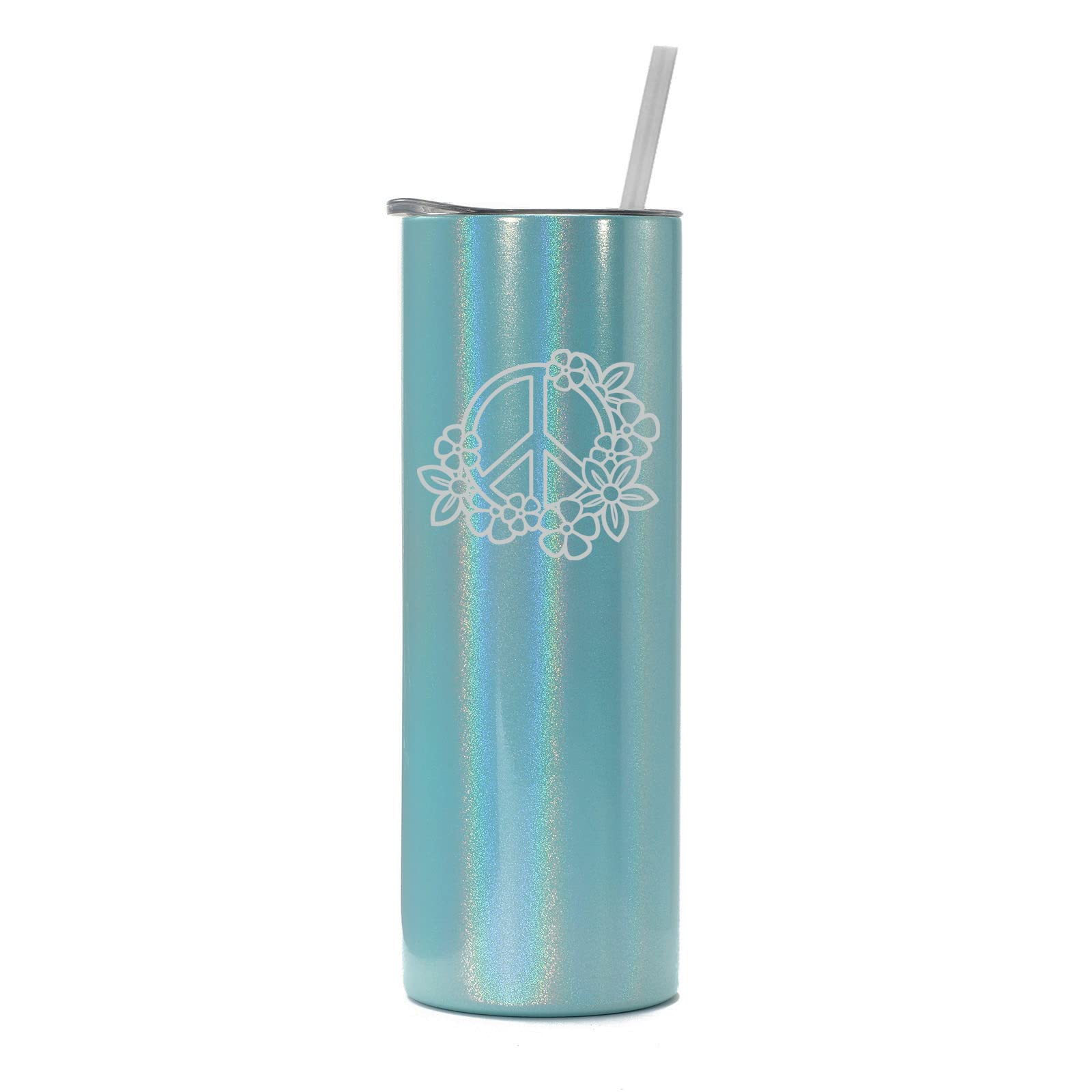 20 oz Skinny Tall Tumbler Stainless Steel Vacuum Insulated Travel Mug with Straw - Peace Sign Floral Design, Light Blue Iridescent Glitter - Perfect for Coffee, Tea & Cold Drinks On The Go, Office, Gym & Outdoor Activities