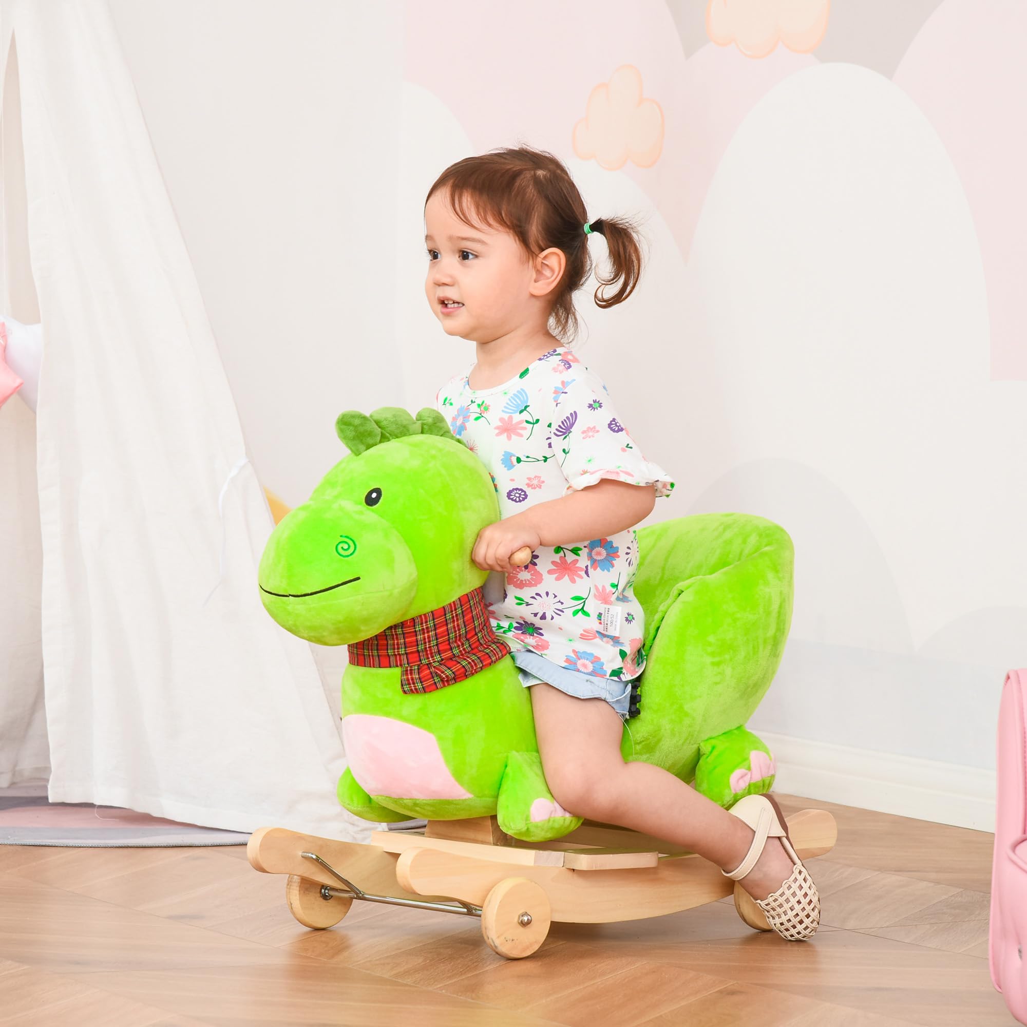 Qaba 2-in-1 Plush Rocking Dinosaur Ride-On Toy for Toddlers 18+ Months | Interactive Baby Rocking Horse with Nursery Songs | Perfect for Playtime, Nursery Decor & First Birthday Gifts