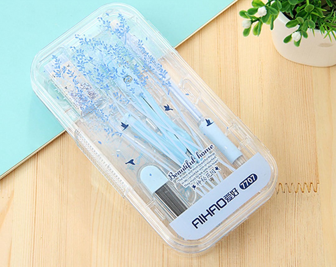 Sun Kea 8-Piece Geometry Tool Set with Plastic Storage Box - Includes Compass, Rulers, Protractor, Pencil Sharpener & Eraser (Blue) - Perfect for Students, Math Class & School Supplies