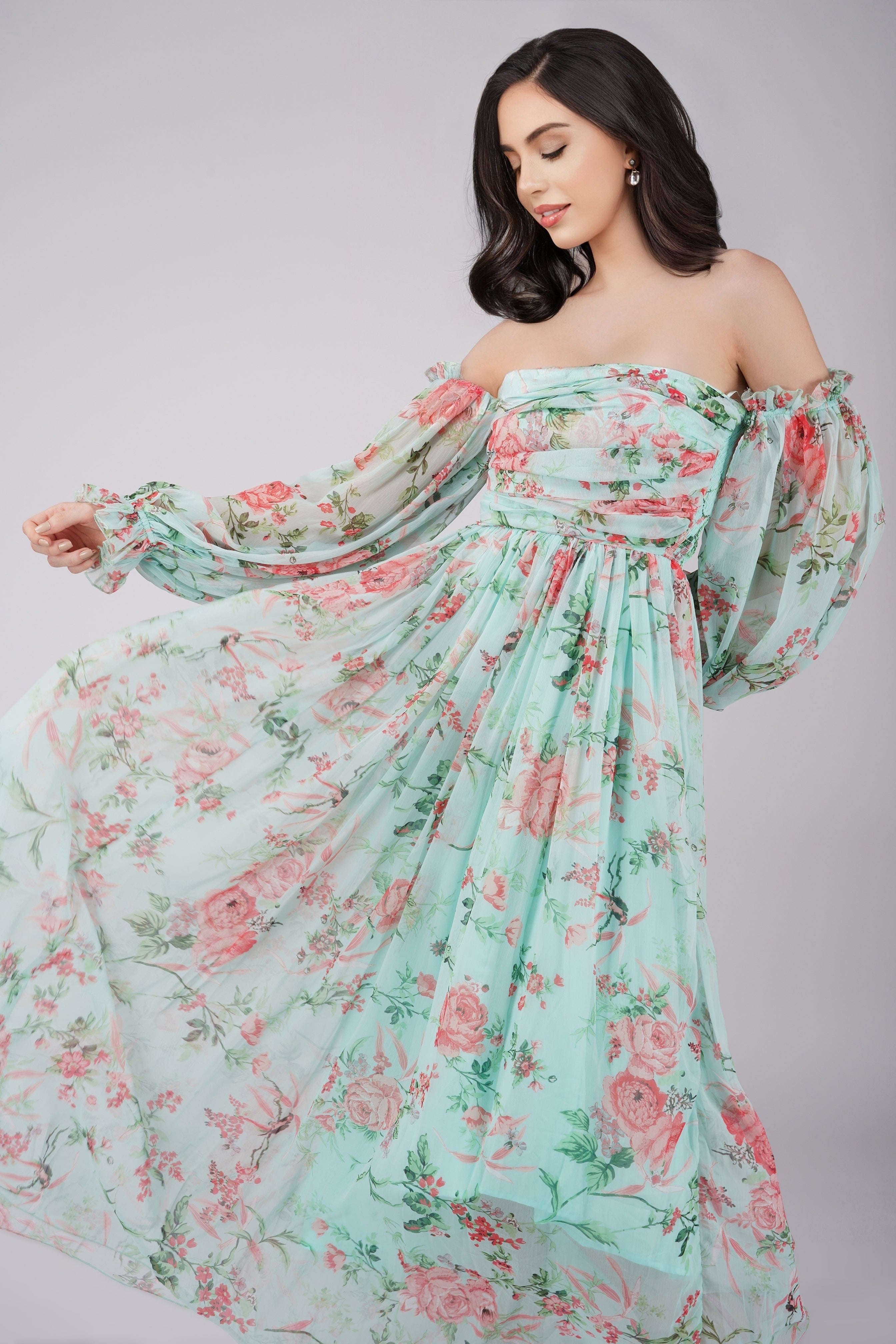 Elegant Lana Chiffon Printed Dress in Green - Flowy Summer Dress for Women, Perfect for Beach Vacation, Garden Party & Date Night