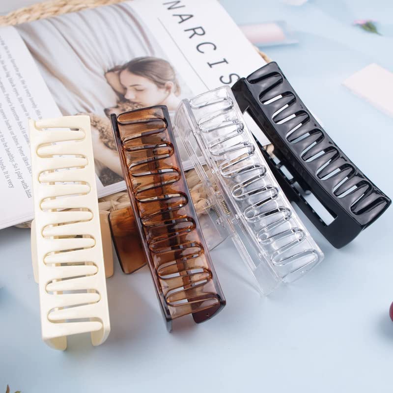 Staila 4 Pack Extra Large Hair Claw Clips for Women - 5 Inch Strong Hold Hair Clips for Thick, Long & Curly Hair - Non-Slip 90s Square Jaw Hair Clamps - Perfect for Updos, Ponytails & Everyday Hairstyles