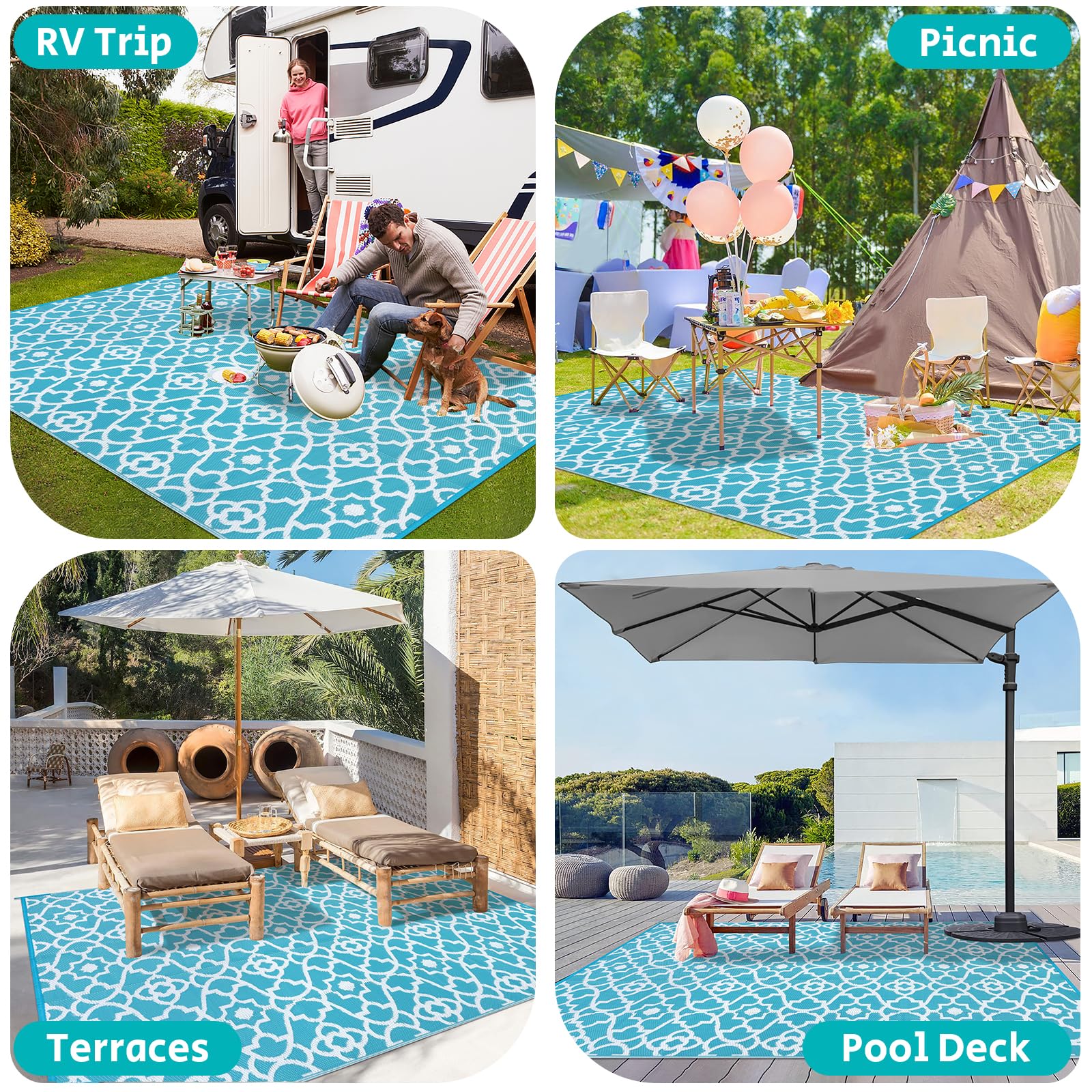 HEBE 9'x12' Waterproof Reversible Outdoor Rug - Durable Plastic Straw Patio Mat for Camping, RV, Porch, Deck, Balcony, Backyard | Perfect for Outdoor Gatherings & Summer Entertaining