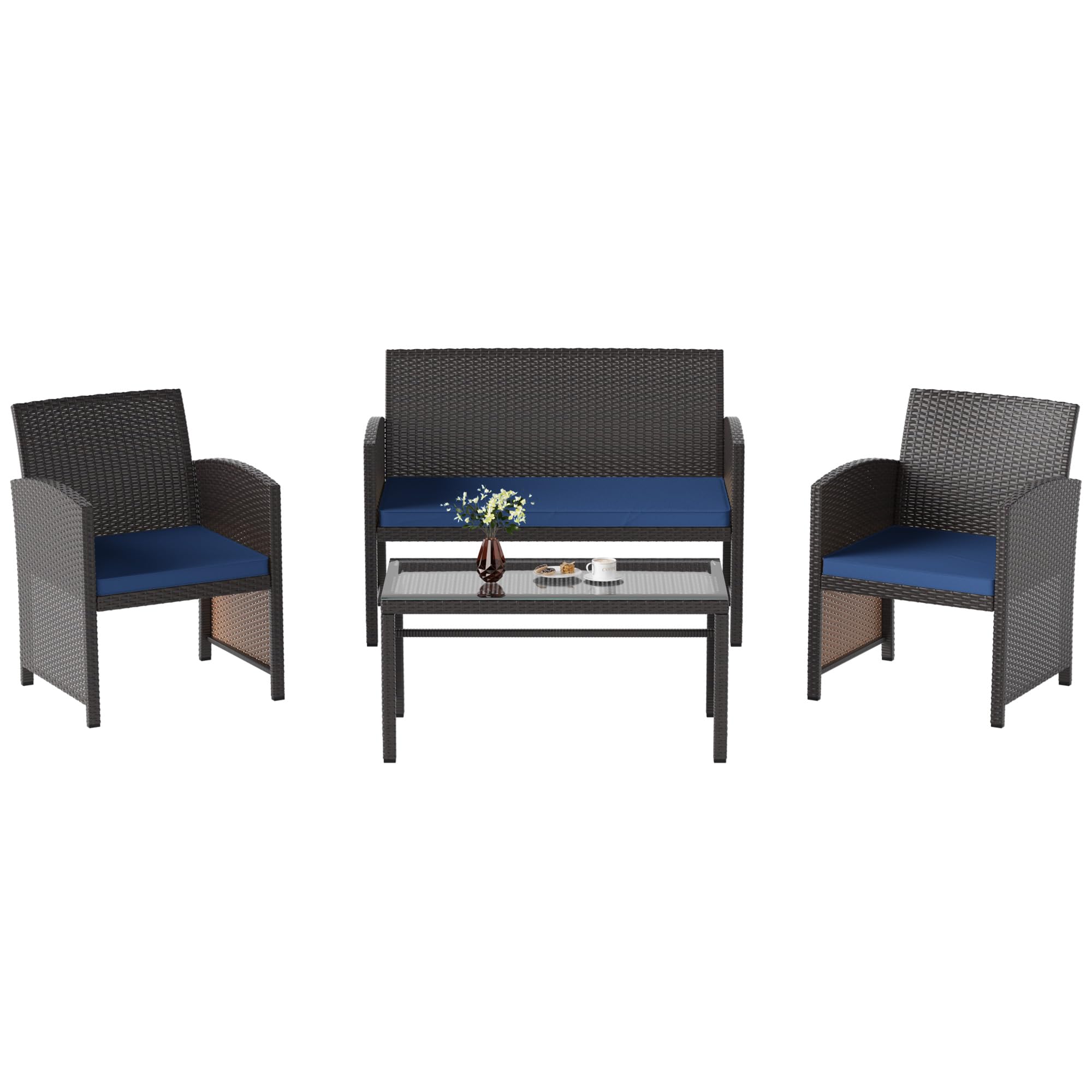 Kullavik 4-Piece Outdoor Patio Furniture Set - PE Wicker Rattan Chairs with Tempered Glass Table & Cushions - Navy Blue Patio Conversation Set for Garden, Porch, Balcony or Backyard - Perfect for Relaxing, Entertaining & Outdoor Dining