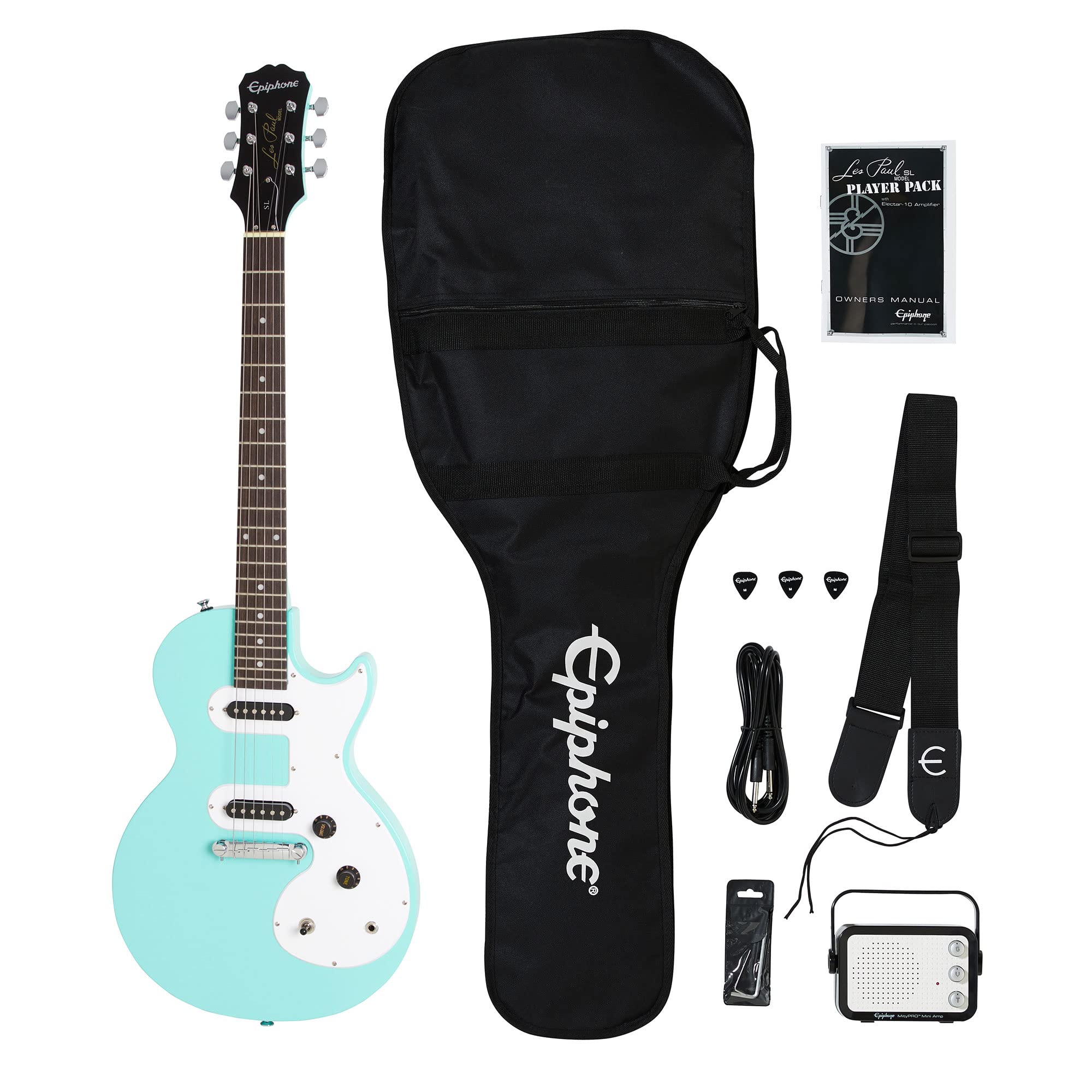 Epiphone Les Paul Melody Maker Electric Guitar Starter Pack with Mini Amp, Gig Bag, Tuner, Picks & Strap - Turquoise Finish | Perfect for Beginners, Practice & Home Recording