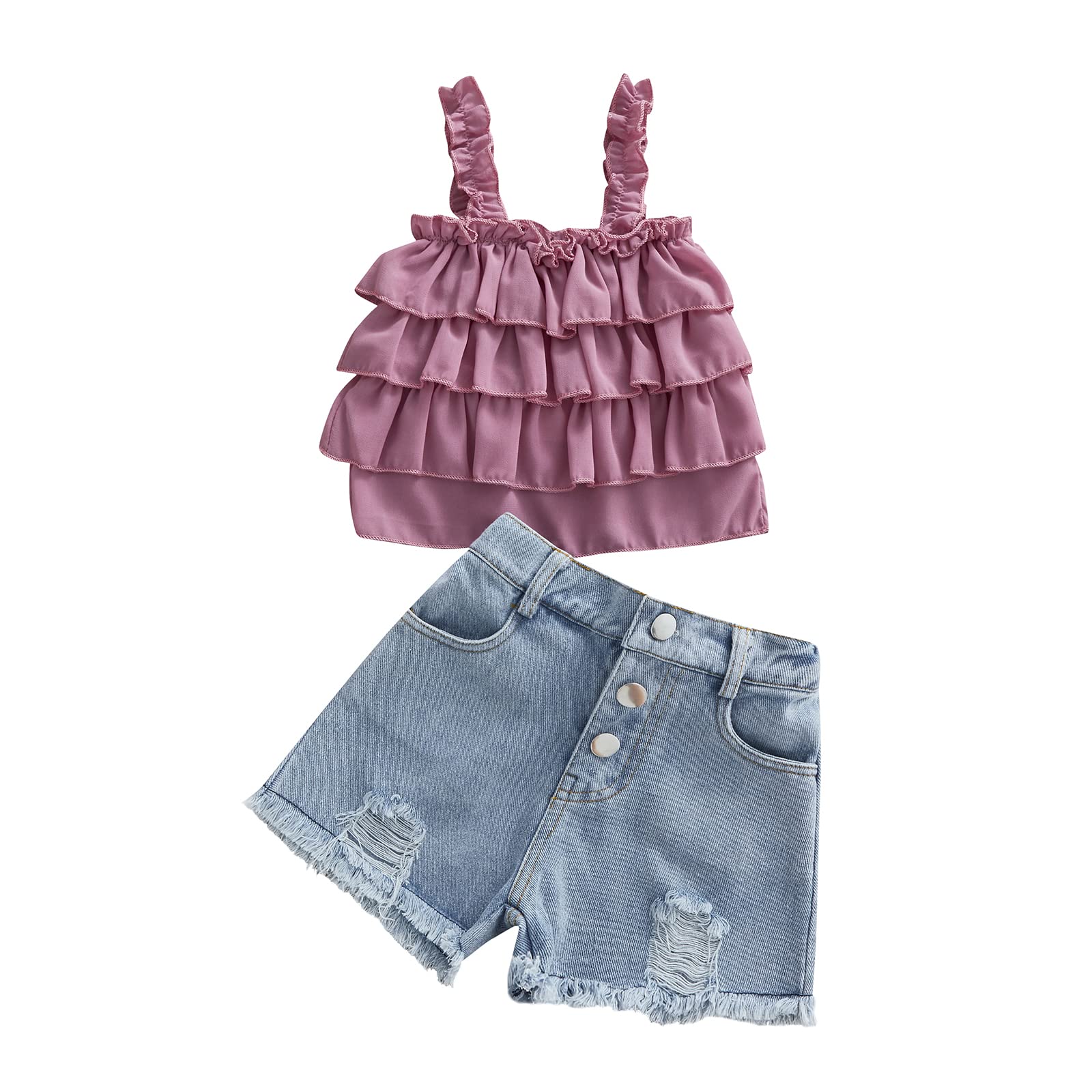 Toddler Girls Summer Outfits - Sleeveless Ruffle Strap Tank Top & Ripped Denim Shorts 2-Piece Set | Cute Playtime & Beachwear for Baby Girls