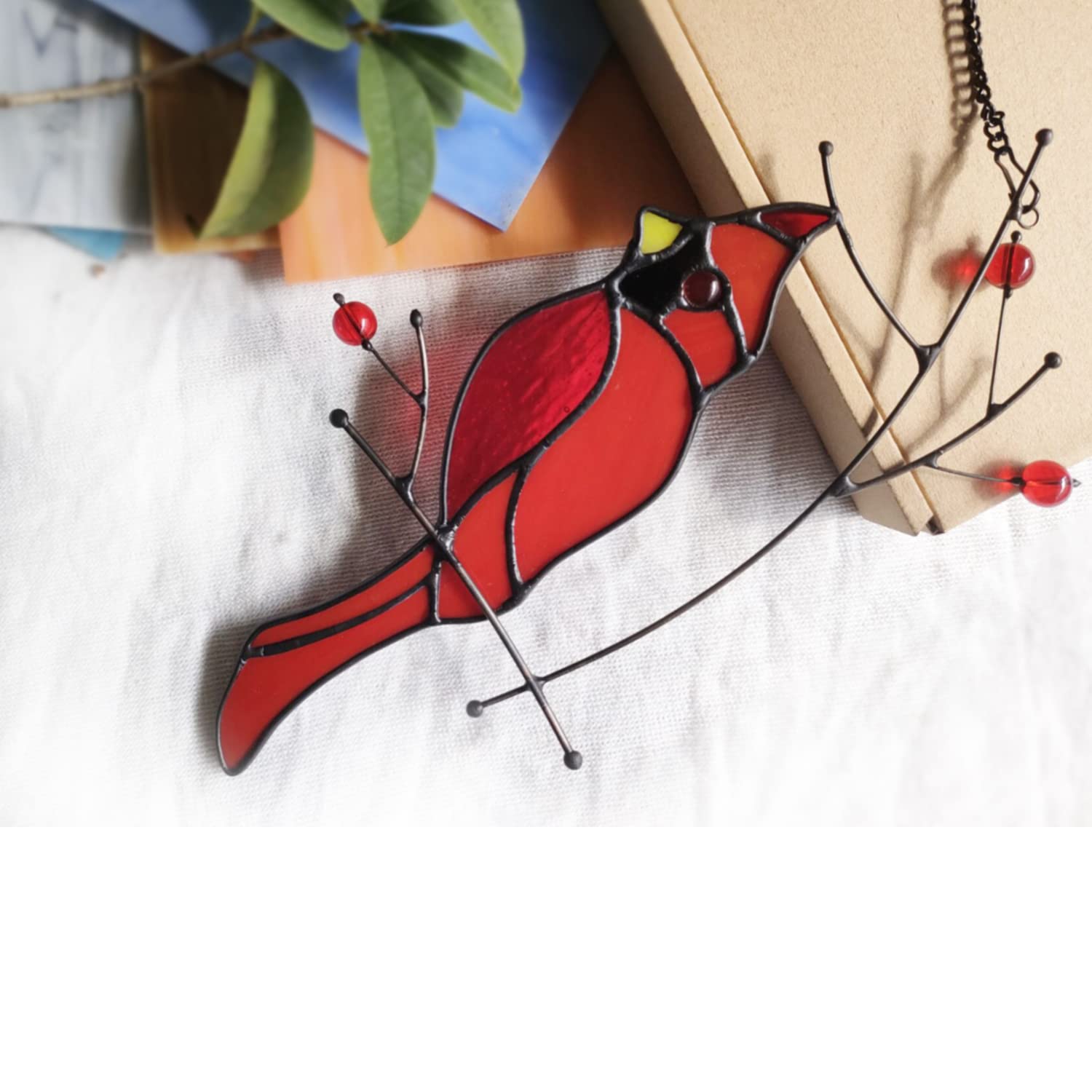 Stained Glass Cardinal Bird Sun Catcher - Handmade Window Hanging Decor for Home, Gift for Mom, Women & Bird Lovers (Red) - Perfect for Living Room Windows, Bedroom Decor & Garden Ornaments