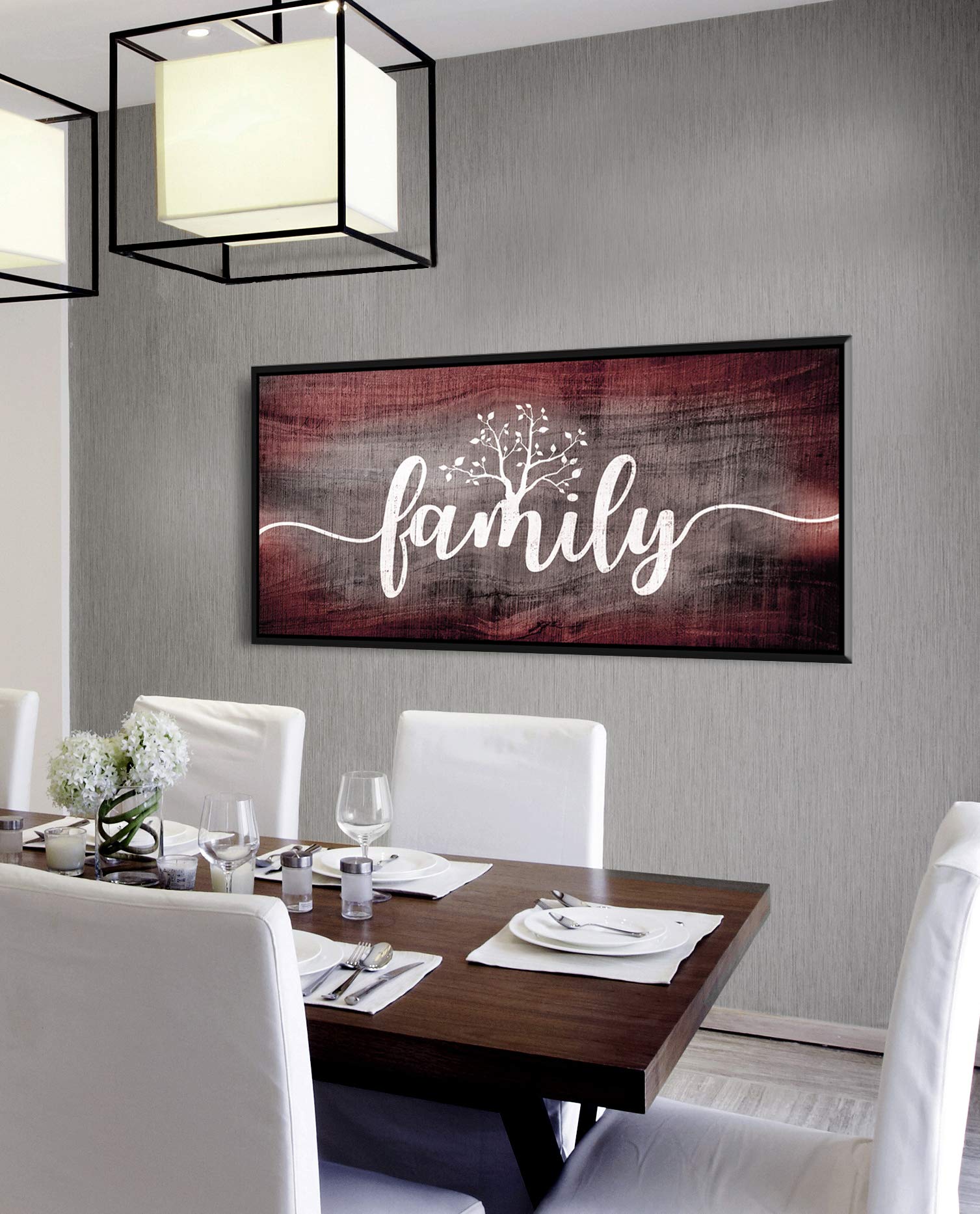 Farmhouse Family Word Sign Wall Art - Large Ready to Hang Living Room Decor with Black Floating Frame (Wine Red, 42x19 Inches) - Perfect for Country Style Homes, Rustic Weddings & Cozy Farmhouse Interiors