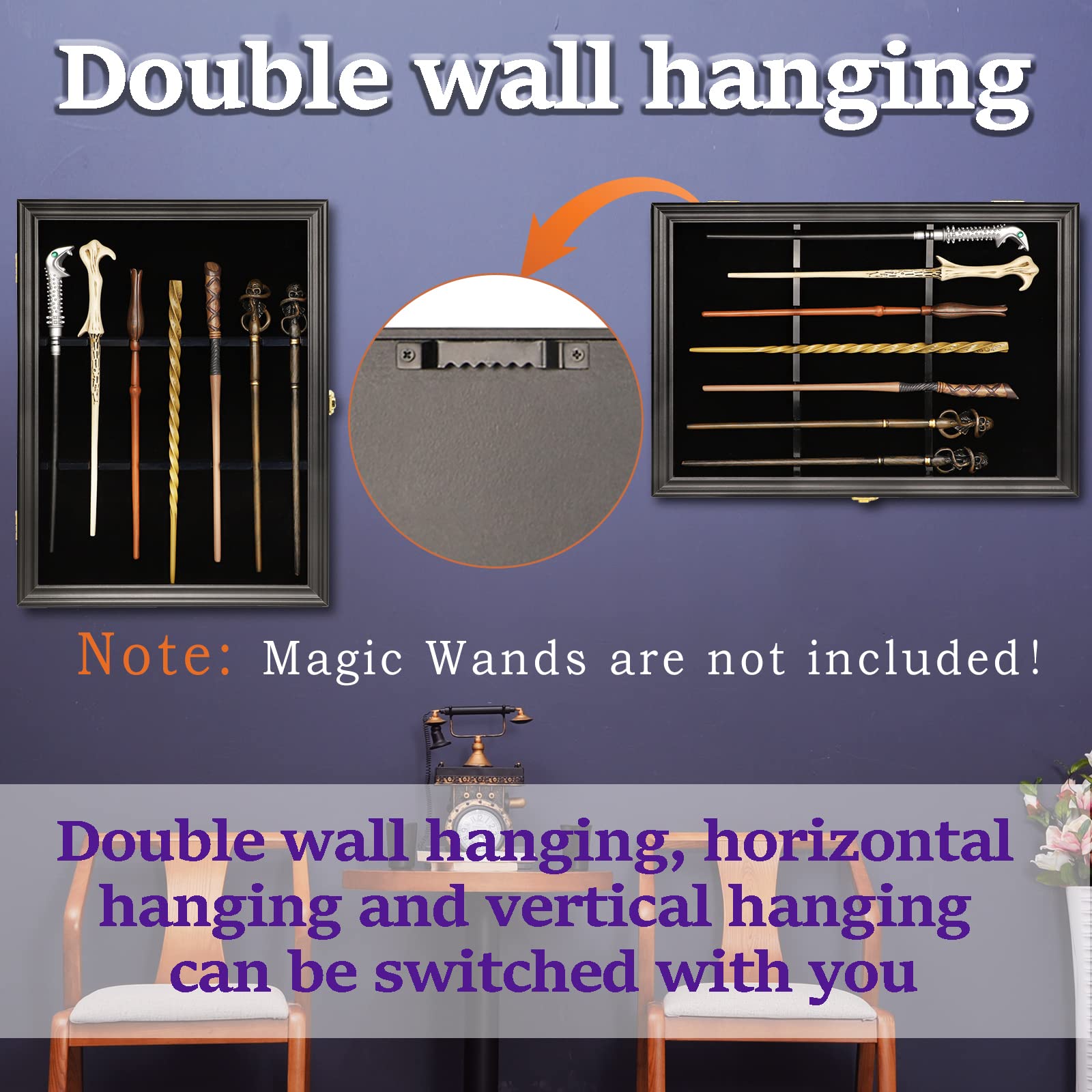 Magic Wand Display Case - Universal Wall Mount Stand for 7 Wands, Lockable Vertical/Horizontal Hanging Wooden Rack (Black) | Perfect for Harry Potter Collections, MagiQuest Games & Witchcraft Decor
