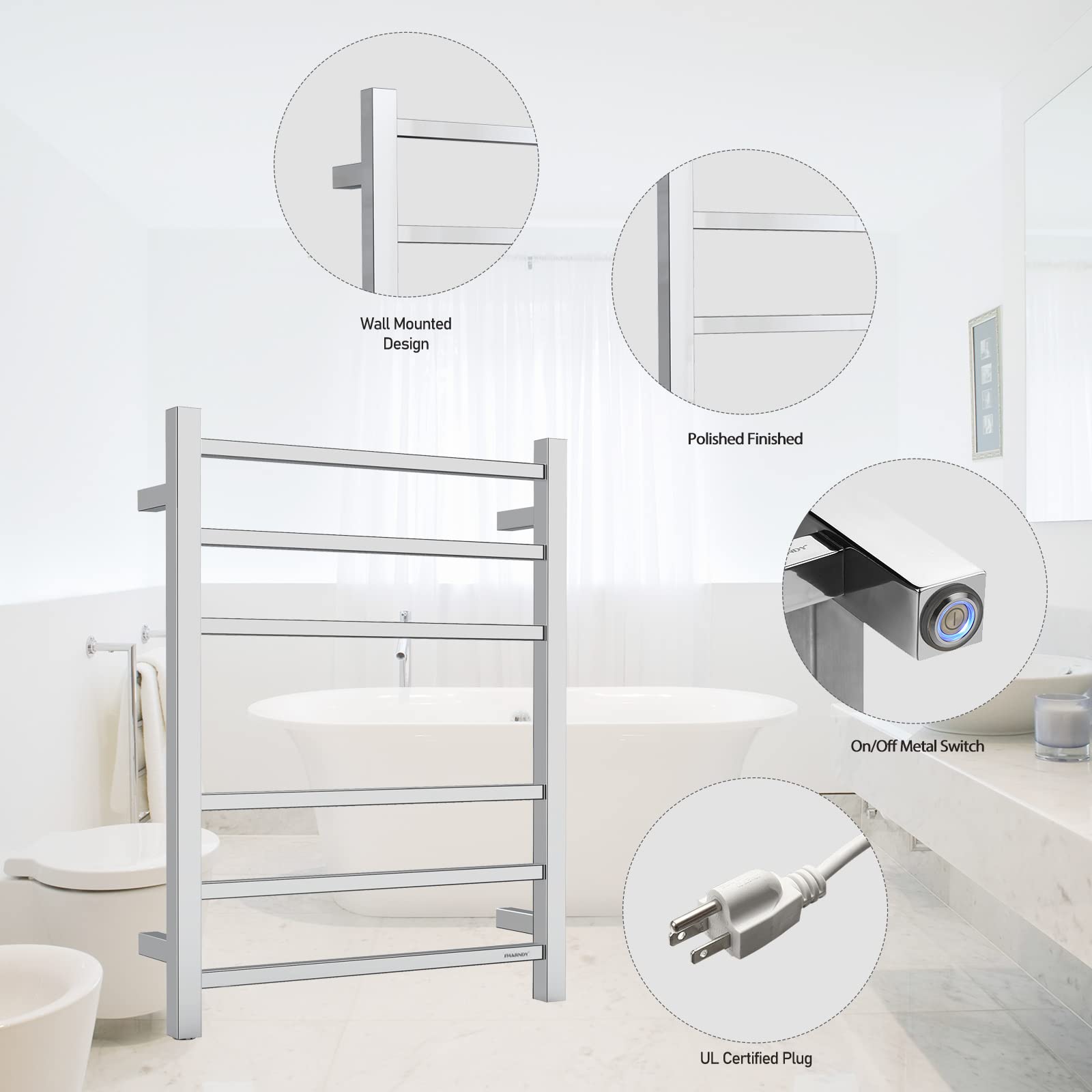 Polished Chrome Electric Towel Warmer - Wall Mounted Bathroom Heated Towel Rack, 6-Bar Stainless Steel Drying Rack (26.77x20.47x4.13 inches, 68W, Model ETW13C) - Perfect for Spa-Like Bathroom Luxury & Cozy Towel Warming