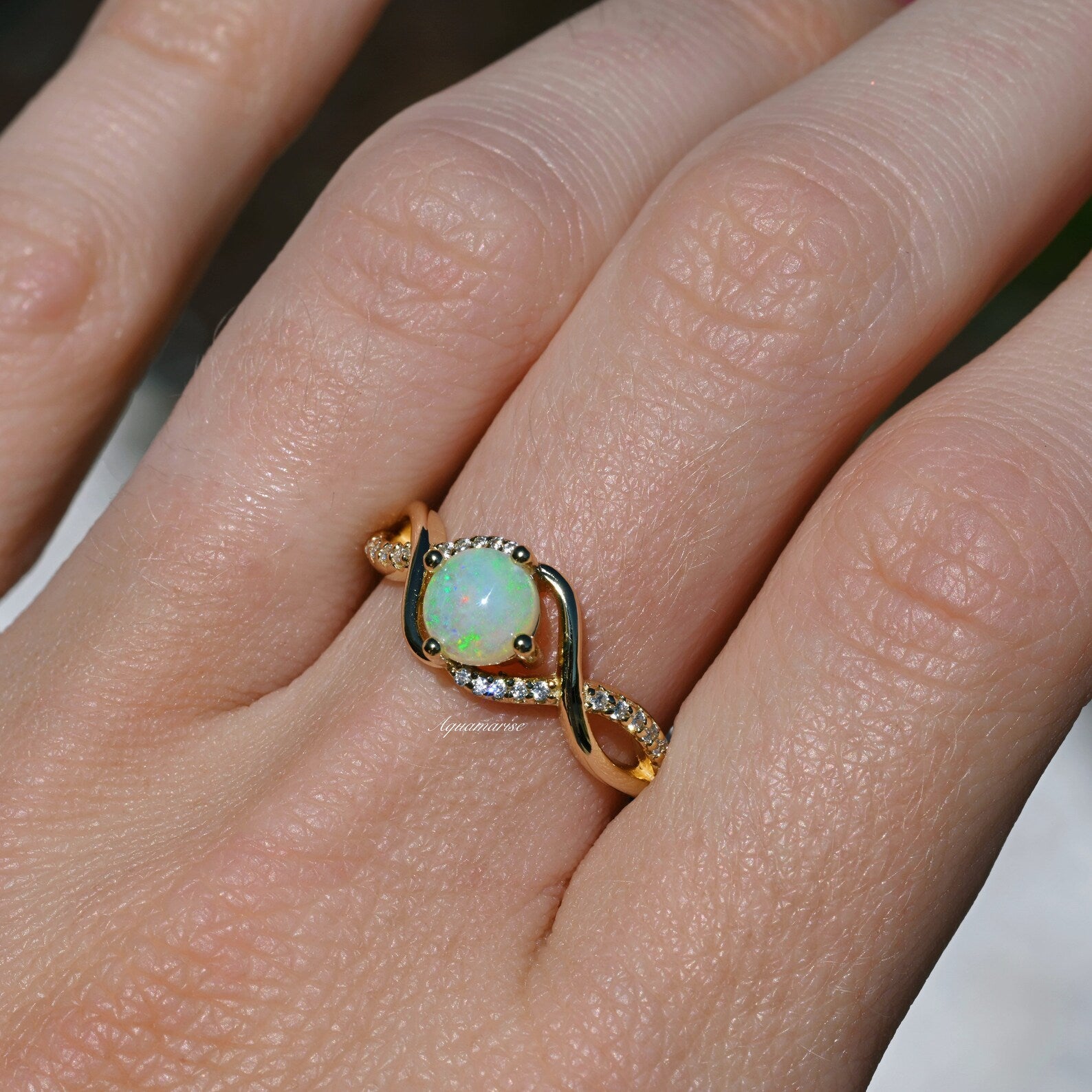 14K Solid Yellow Gold Entwined Natural Australian Opal Ring - Elegant Jewelry for Women, Perfect Gift for Anniversary, Birthday & Special Occasions