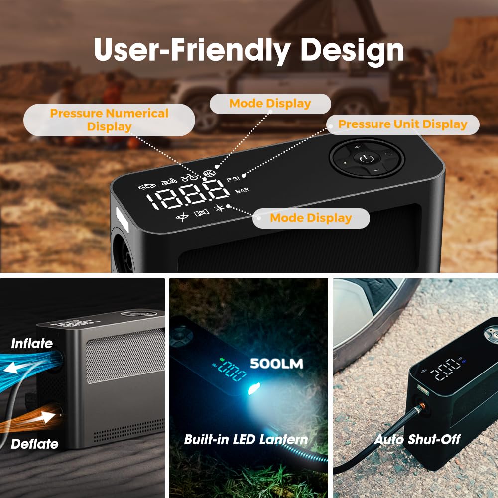 150 PSI Portable Air Pump - Rechargeable Tire Inflator with 8 Modes, Dual-Power Option & Auto-Stop for Car Tires, Bikes, SUVs, Motorcycles, SUP Paddle Boards, Pool Floats, Kayaks, Sports Balls, Air Mattresses - Fast Inflation with LED Light for Home, Travel & Outdoor Adventures