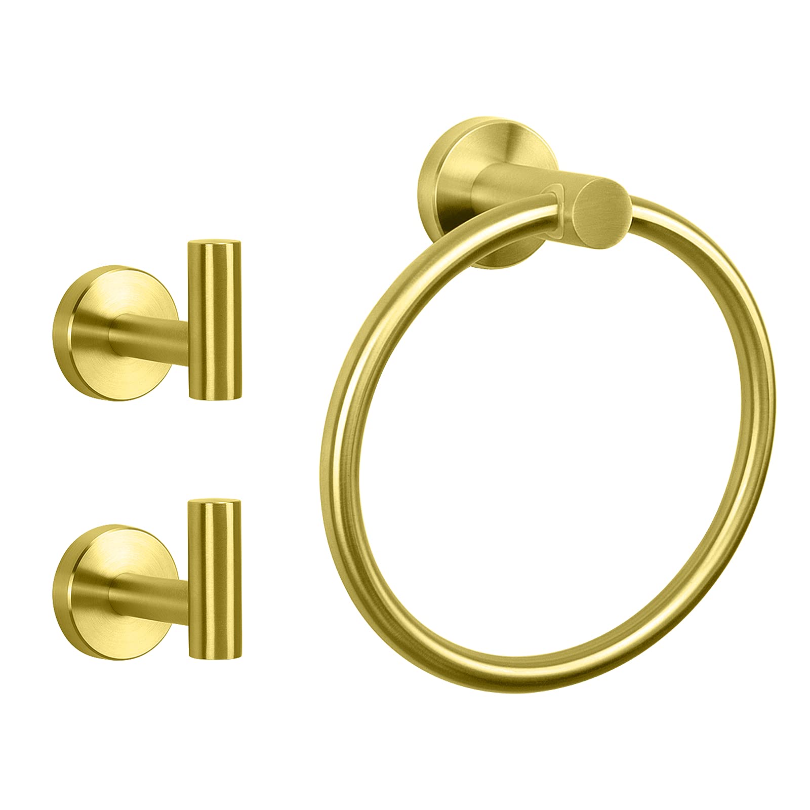 NearMoon 3-Piece Bathroom Hardware Set - Stainless Steel Towel Ring & 2 Wall Mounted Hooks - Brushed Gold Finish for Bath Towels, Robes & Hand Towels - Perfect for Modern Bathrooms, Powder Rooms & Spa-Like Retreats
