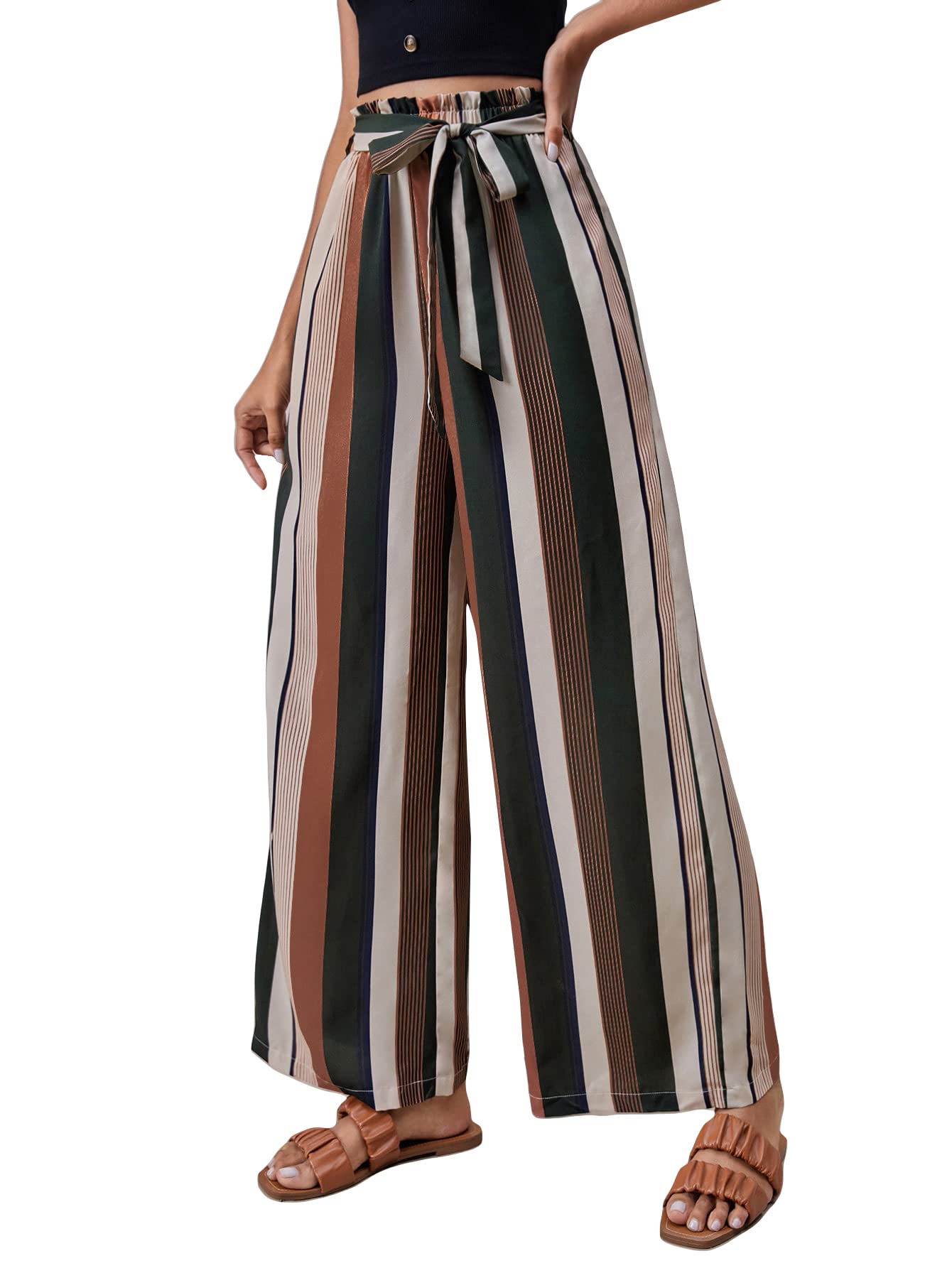 WDIRARA Women's Striped High Waist Wide Leg Pants - Elastic Waistband Paper Bag Trousers for Casual & Office Wear