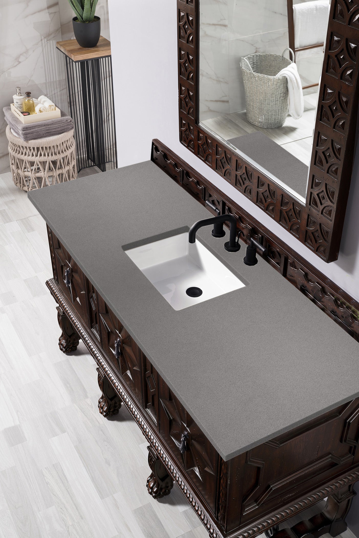 Balmoral 60 Inch Single Bathroom Vanity Cabinet with 3CM Grey Expo Quartz Countertop - Antique Walnut Finish for Modern & Traditional Bathrooms