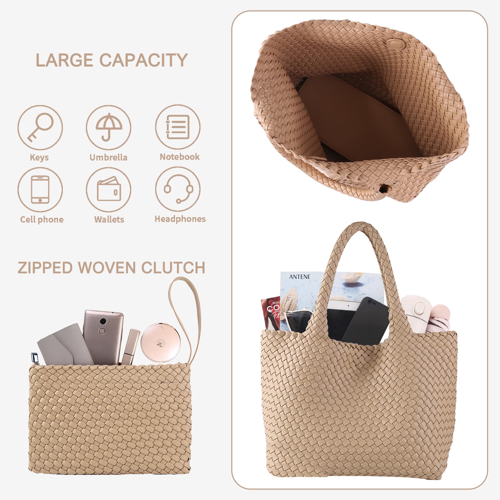 SporGenius Women's Vegan Leather Woven Tote Bag - Large Beach & Travel Handbag with Detachable Small Purse | Perfect for Shopping, Work, and Vacation Getaways
