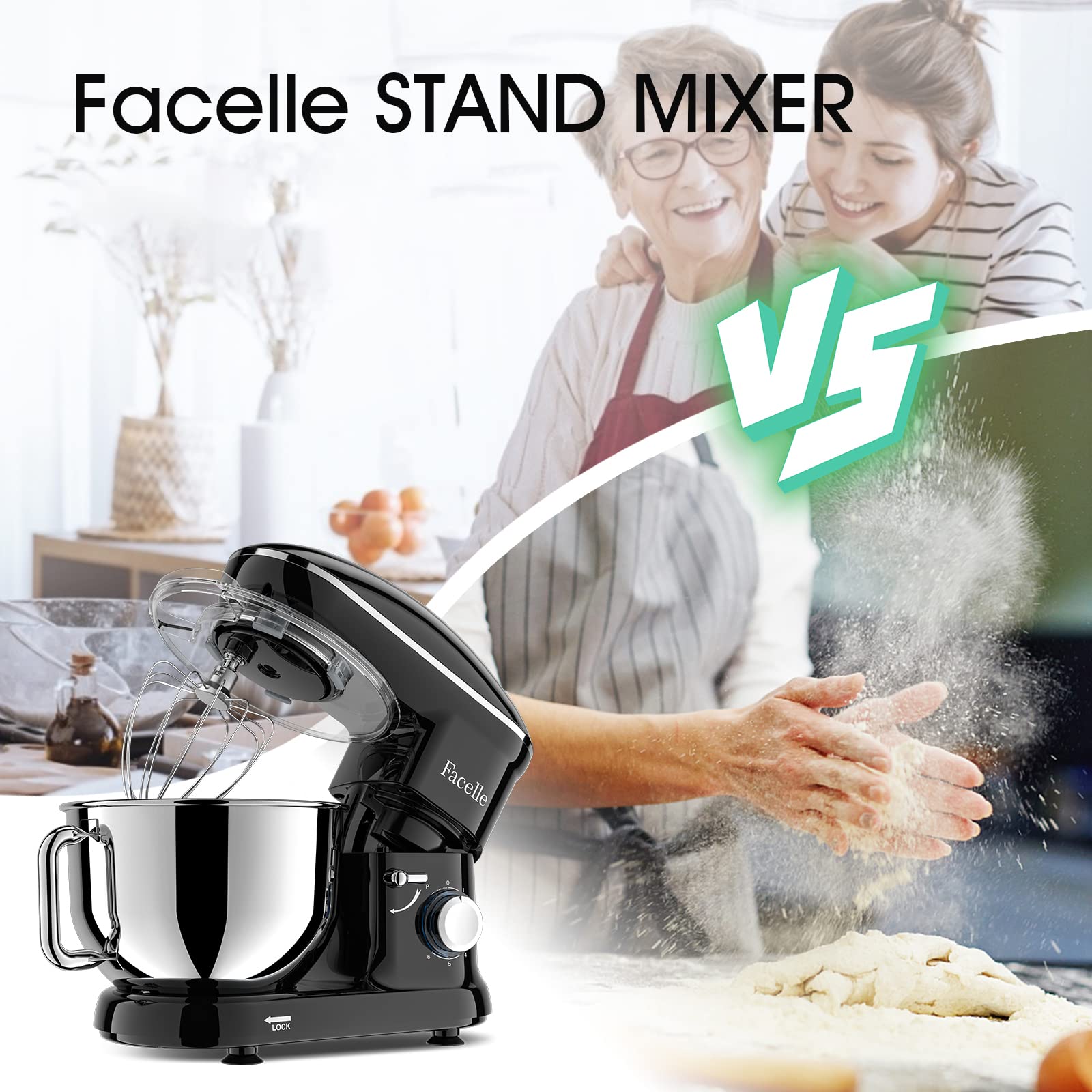 Facelle 660W 6-Speed Stand Mixer - Tilt-Head Electric Kitchen Mixer with Pulse Function, 6.5QT Stainless Steel Bowl, Dishwasher-Safe Beater, Dough Hook & Whisk - Perfect for Baking Cakes, Cookies, Bread and More - Black