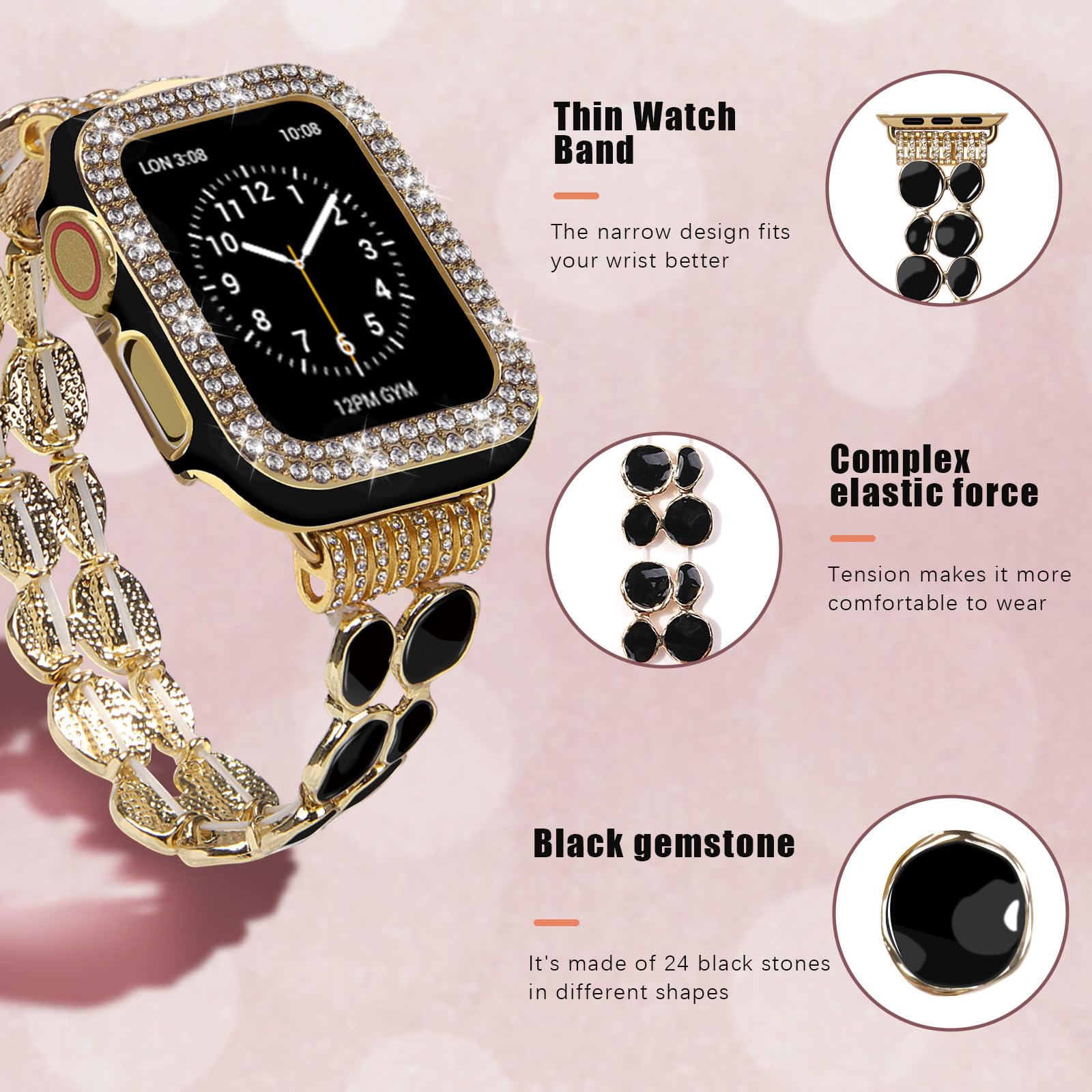 VIQIV Bling Stainless Steel Apple Watch Band for Women - Compatible with 38mm/40mm/41mm/42mm/44mm/45mm iWatch Series 9/8/7/6/5/4/3/2/1/SE - Elegant Stretchy Metal Bracelet with Gift Case - Perfect for Parties, Weddings & Everyday Fashion Accessories