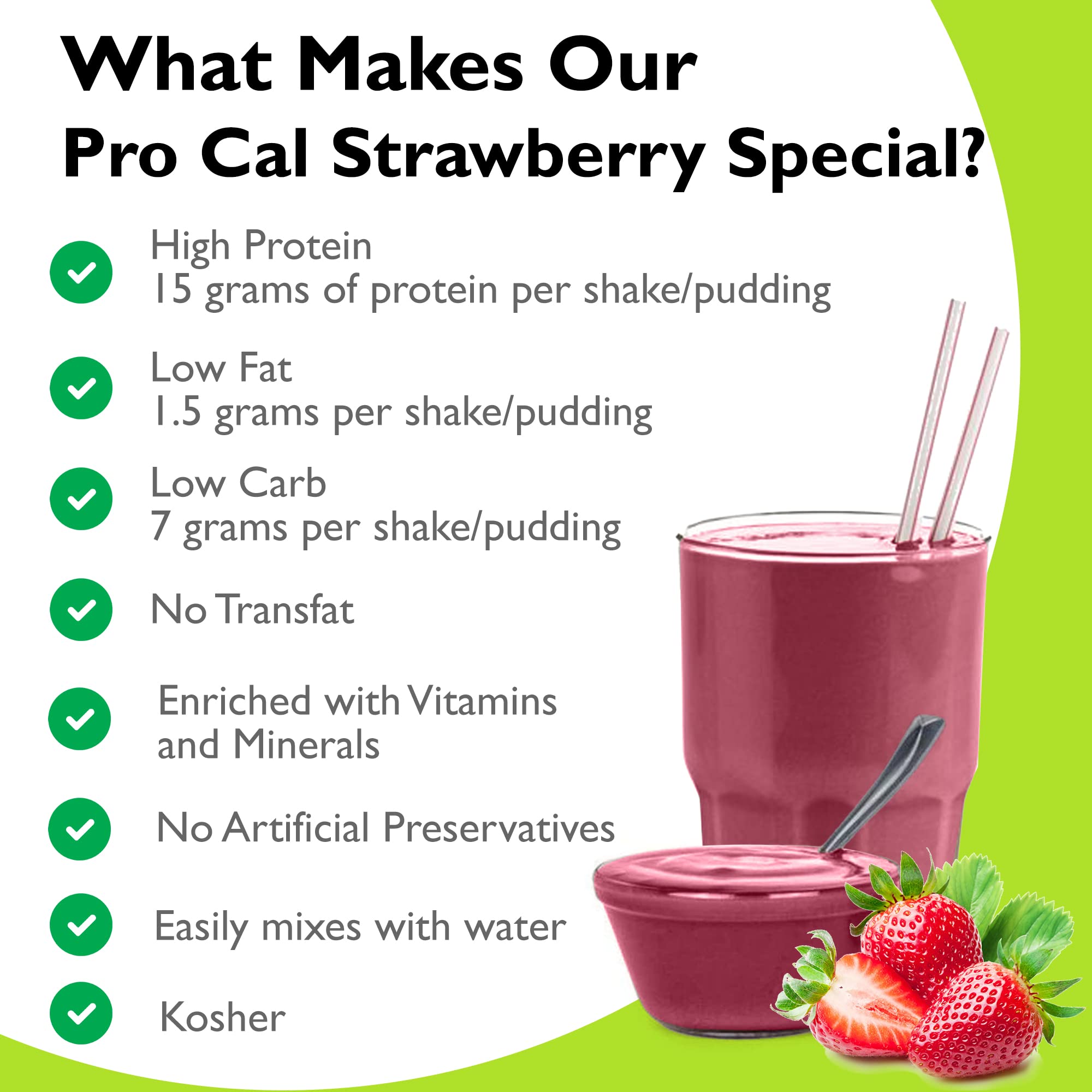 Pro-Cal Low Calorie Protein Pudding & Shake Mix - Strawberry Flavored Meal Replacement with 15g Protein (7 Packets per Box) | Kosher Certified for Healthy Weight Management - Perfect for Post-Workout Recovery, Breakfast Boost or On-the-Go Nutrition