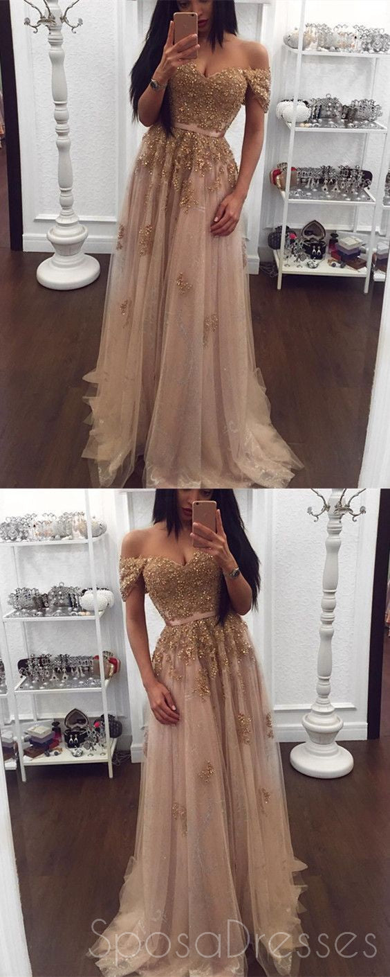 Elegant Off Shoulder Gold Lace Beaded Long Evening Prom Dress - Custom Formal Gown for Women - Perfect for Homecoming, Prom Night & Special Occasions