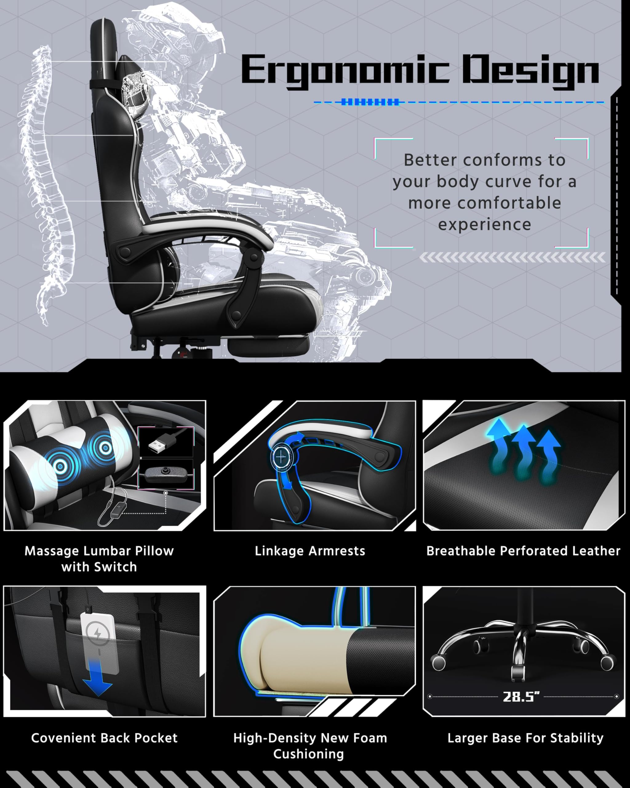 Yaheetech Ergonomic Gaming Chair with Massage Lumbar Support, Adjustable Height & Footrest - Swivel Computer Chair with Headrest for PC & Video Games (Black/White) - Perfect for Esports, Streaming & Home Office Setup