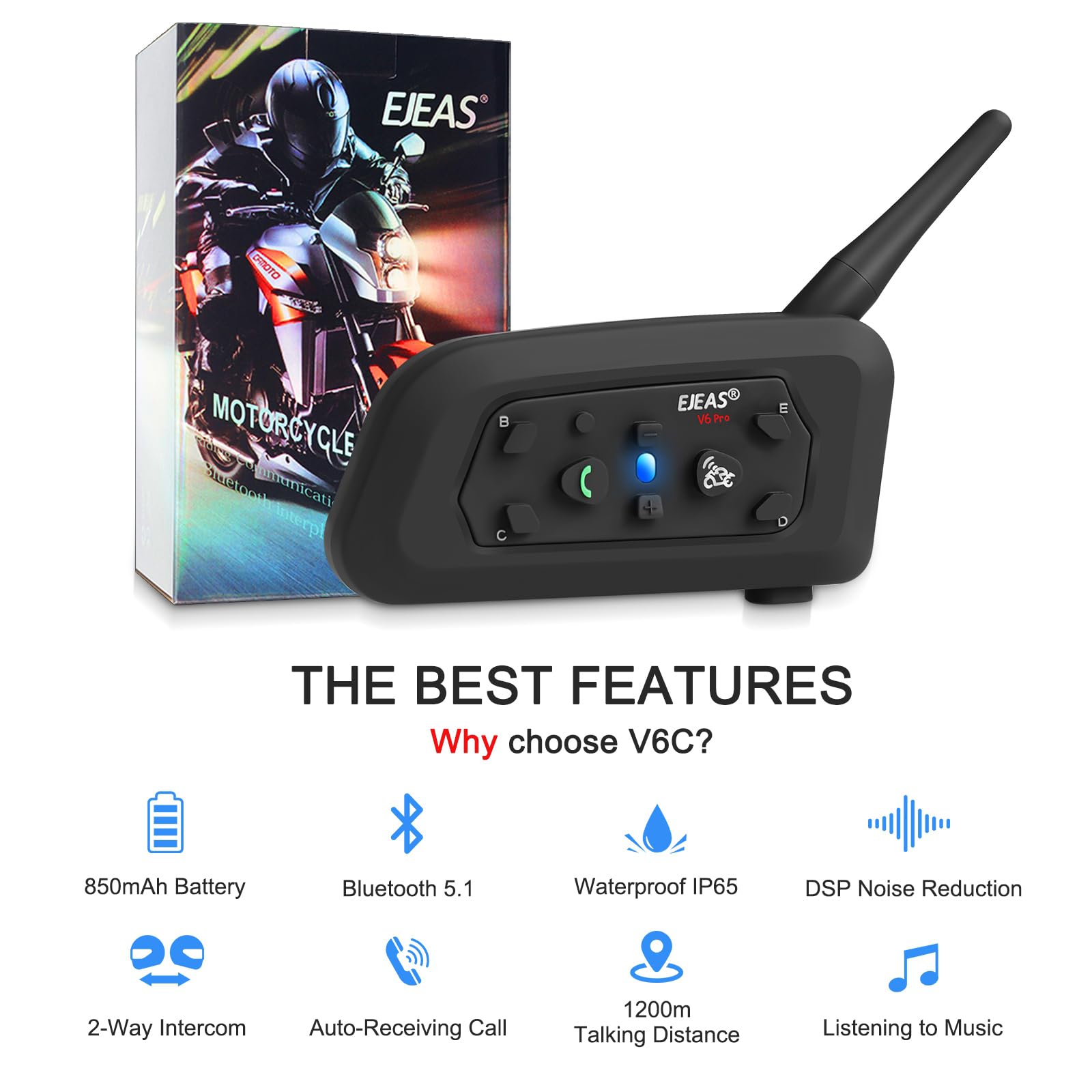 EJEAS Vnetphone V6C Wireless Bluetooth Intercom - 1200M Range, Full Duplex, 850mAh Battery for Football Referees, Motorcycle, Snowmobile & Motorbike Communication - Includes Referee Headset (1PC) - Perfect for Sports Officiating, Group Rides & Outdoor Adventures