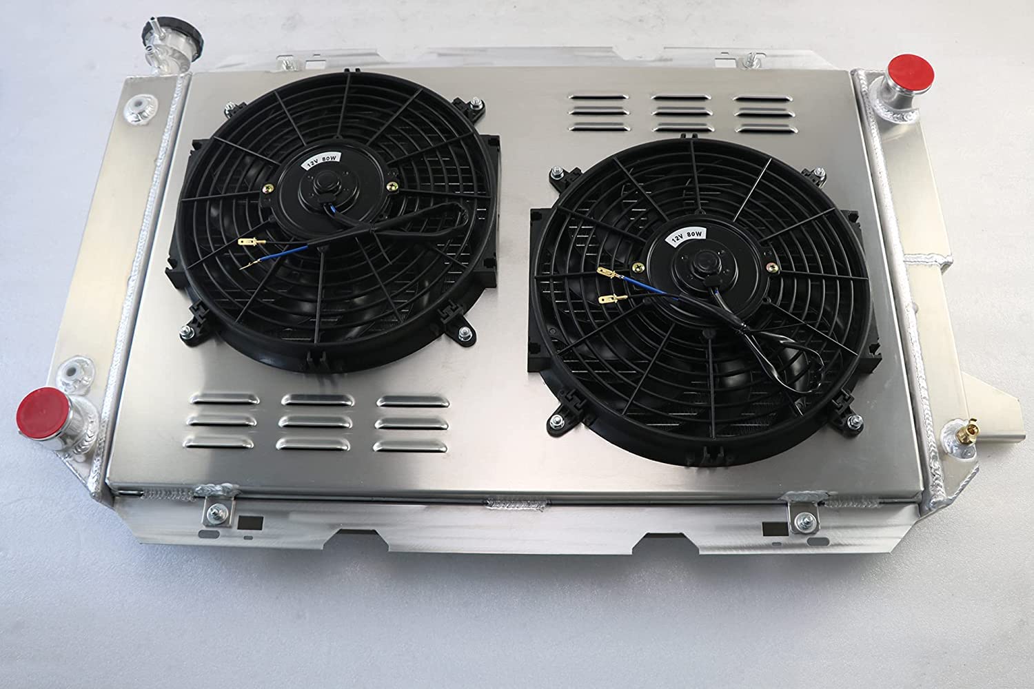 High Performance 62MM 4-Row Aluminum Radiator for 1985-1997 Ford F-Series (F150/F250/F350/F53/Bronco) 5.0L 5.8L 7.3L 7.5L V8 Engines - Includes Electric Fan Shroud & Thermostat Kit - Perfect for Off-Roading, Towing & Heavy-Duty Use