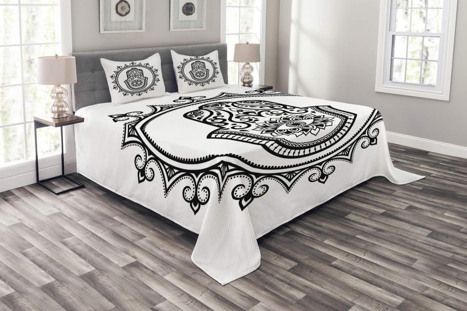 Ambesonne Evil Eye Bedspread Set - Hamsa Hand with Evil Eye Mandala Design, 3-Piece Decorative Bedding Coverlet & 2 Pillow Shams, King Size, White & Black - Perfect for Boho Bedroom Decor, Spiritual Protection & Unique Gift Ideas