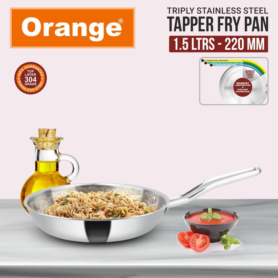 Premium Orange Triply Stainless Steel Cookware Set - 3-Piece Induction Compatible Combo (24cm Deep Kadai, 22cm Fry Pan with Tempered Glass Lid) | Durable & Even Heating | Perfect for Indian Cooking, Stir-Frying & Family Meals
