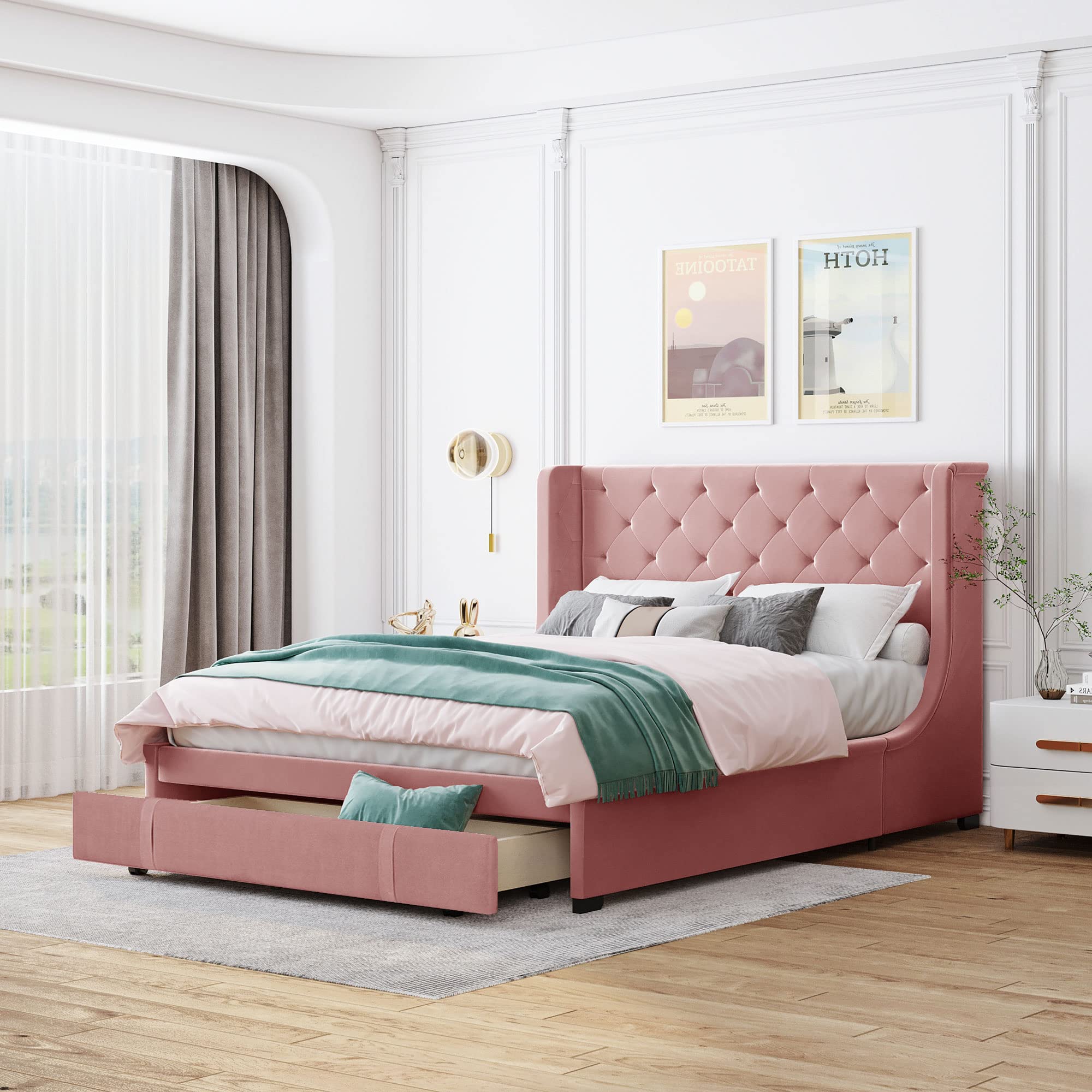 Velvet Upholstered Queen Size Bed Frame with Storage Drawers & Wingback Headboard - Wood Slat Support, No Box Spring Needed (Pink) | Perfect for Small Bedrooms, Guest Rooms & Modern Apartments