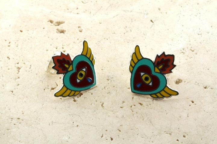 Yellow, Green, Red Enamel Flying Heart Stud Earrings - Sterling Silver Jewelry for Women - Perfect for Valentine's Day Gifts & Everyday Wear