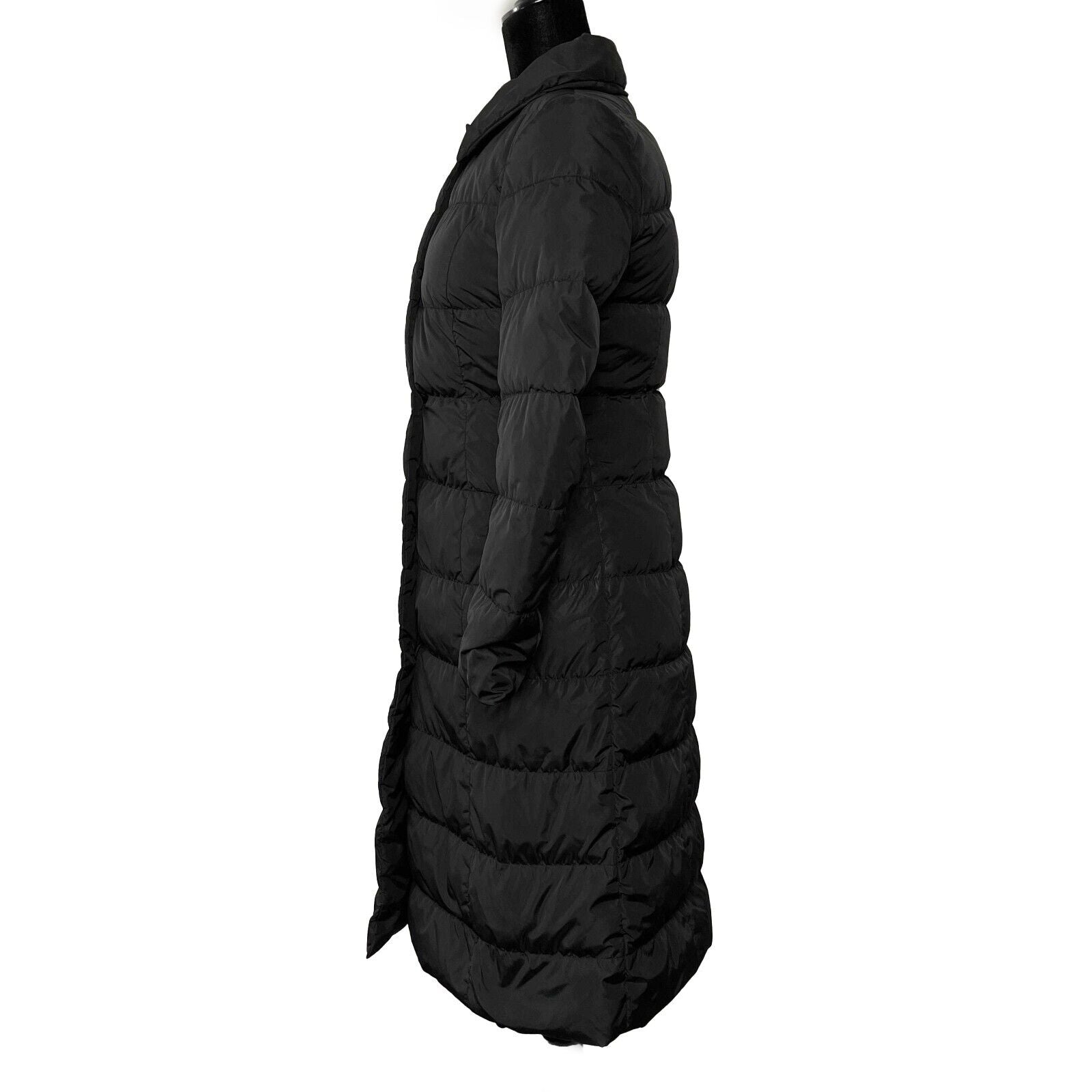Prada Long Down Puffer Jacket - Black Nylon Coat with 2 Pockets & Button Closure | Winter Outerwear for Women, Cold Weather Fashion, Urban Style