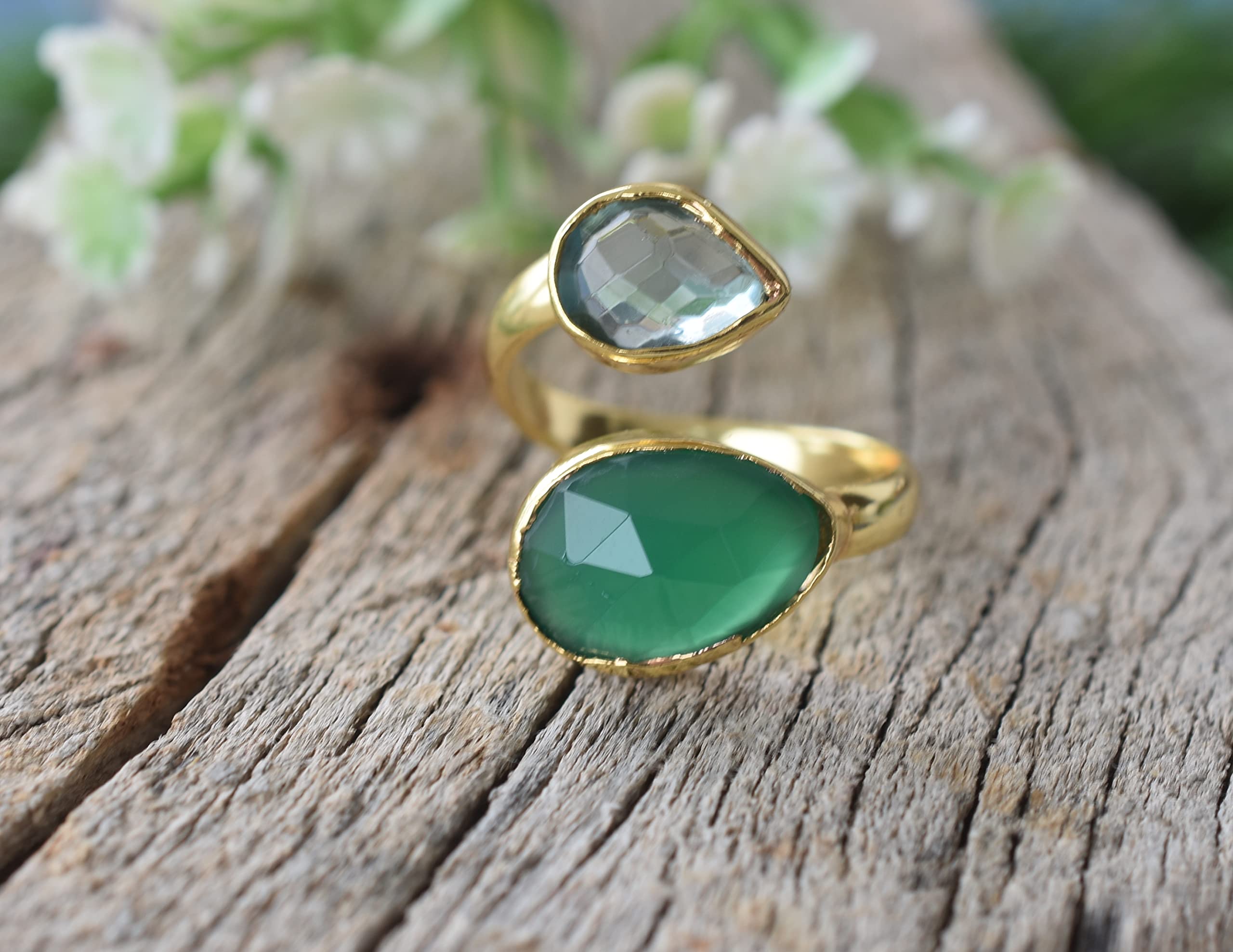 18K Gold Plated Green Onyx & Blue Topaz Ring for Women | Elegant Gemstone Jewelry | Perfect Birthday Gift & Bridesmaid Present | VR-085 | Wear for Special Occasions, Date Nights & Formal Events