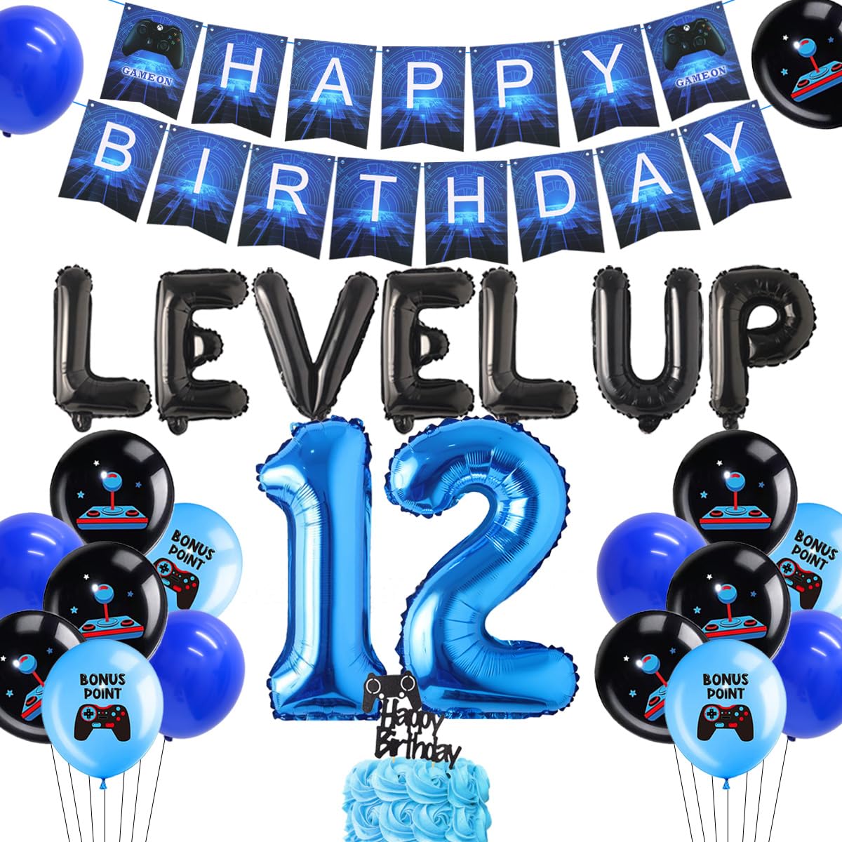 Kreatwow 12th Birthday Party Decorations - Video Game Themed Blue Party Supplies for 12 Year Olds with Controller Balloons, Cake Topper & Banner | Perfect for Boys & Girls Gaming Birthday Celebrations at Home or School