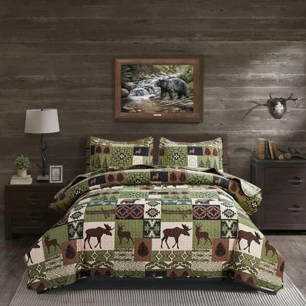 King Size Rustic Quilt Set - Reversible Bear & Moose Bedding for Cabin Decor