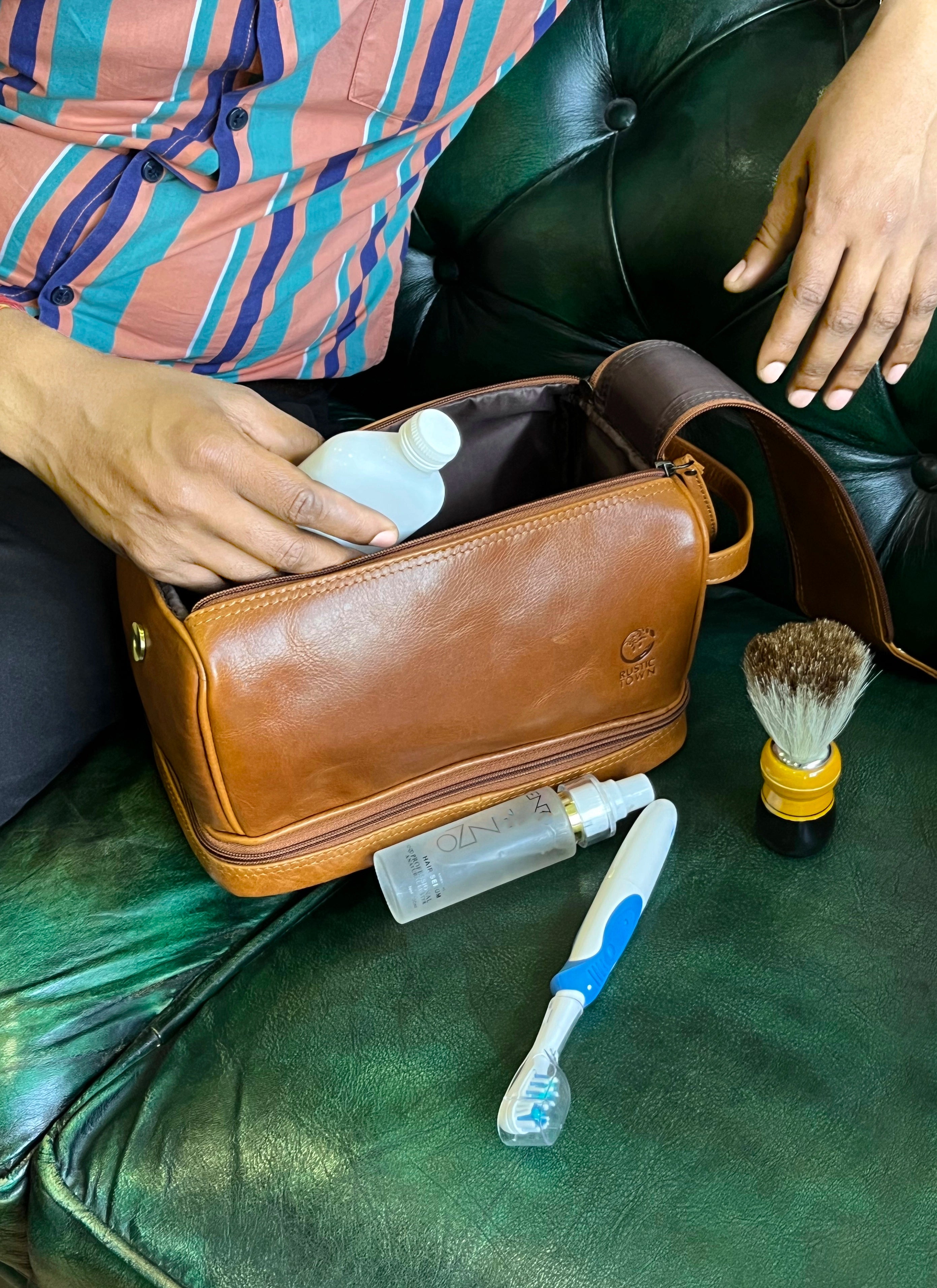 Premium Leather Toiletry Bag for Men & Women - Sam's Stylish Travel Dopp Kit in Cognac Brown - Perfect for Business Trips, Gym, Camping & Vacation Essentials