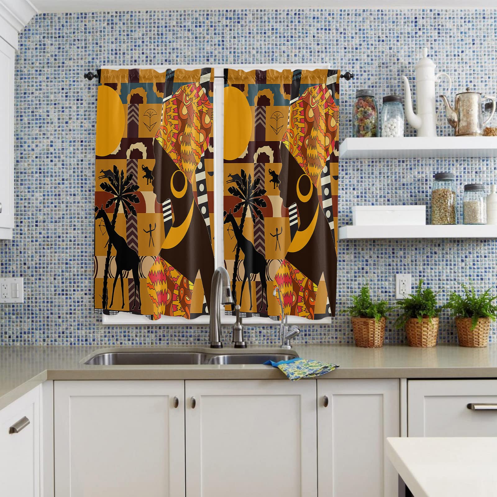 African Black Women Elephant Giraffe Print Tier Curtains - 42x63 Inch Rod Pocket Kitchen & Bathroom Drapes, 2 Panels for Living Room & Small Windows - Privacy Half Window Treatments for Cafe, Bedroom & Home Decor