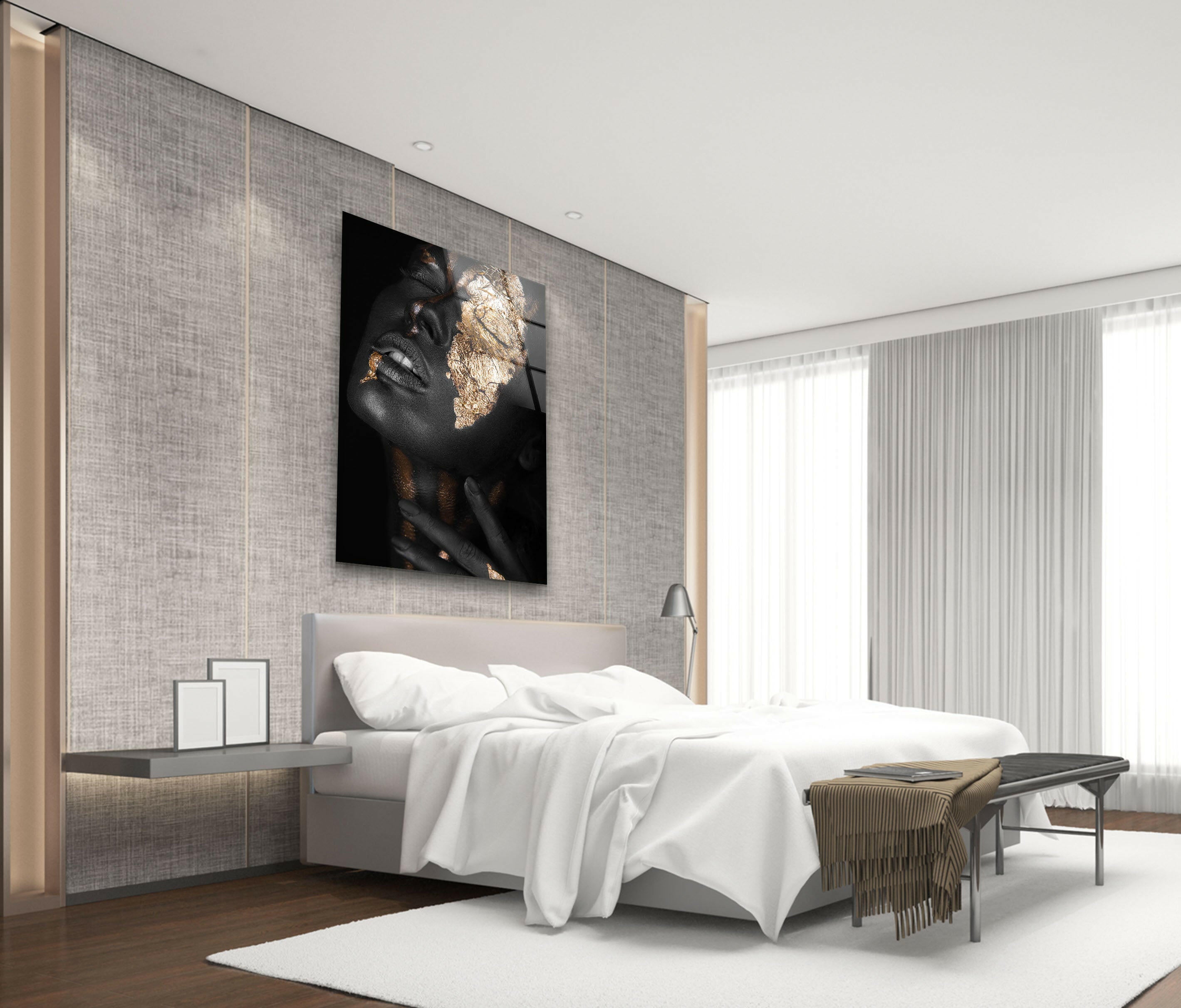 Elegant Black Woman Gold Glass Wall Art - Modern Home Decor for Living Room, Bedroom & Office