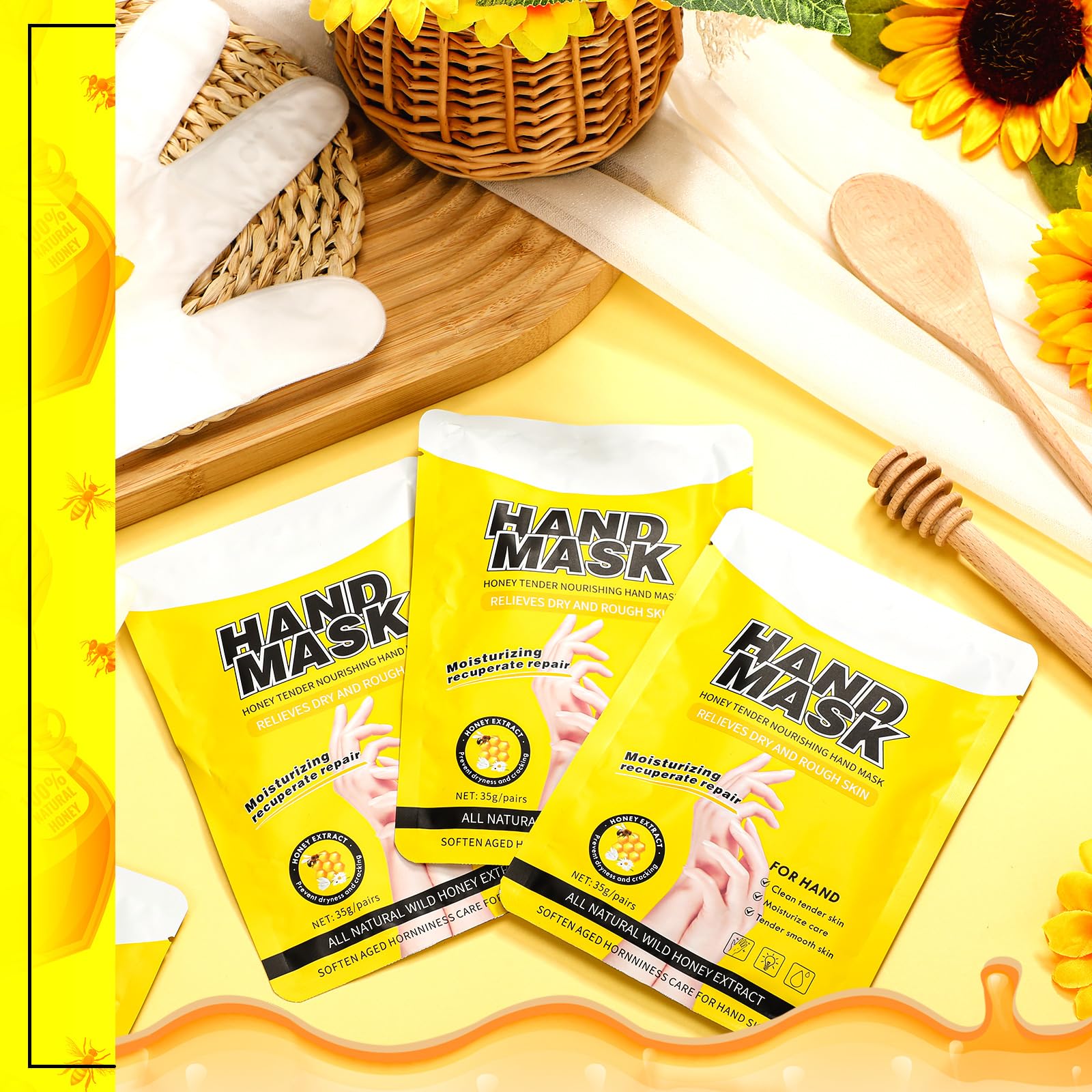 30 Pcs Honey Hand Mask Gloves - Deep Hydration for Extra Dry Skin, Exfoliating & Peeling Treatment to Improve Rough Skin - Spa Quality Hand Care for Men & Women | Perfect for Home Spa, Night Treatment & Gift Giving