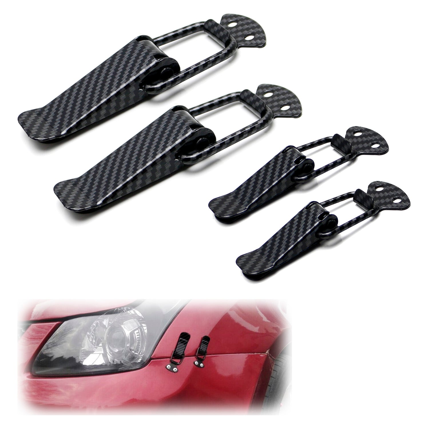 4-Piece Black Carbon Fiber Quick Release Hood Latch Kit - Durable Bumper & Hood Lock Clips for Cars, Trucks & SUVs - Easy Installation & Secure Fit for Racing, Off-Road & Custom Builds