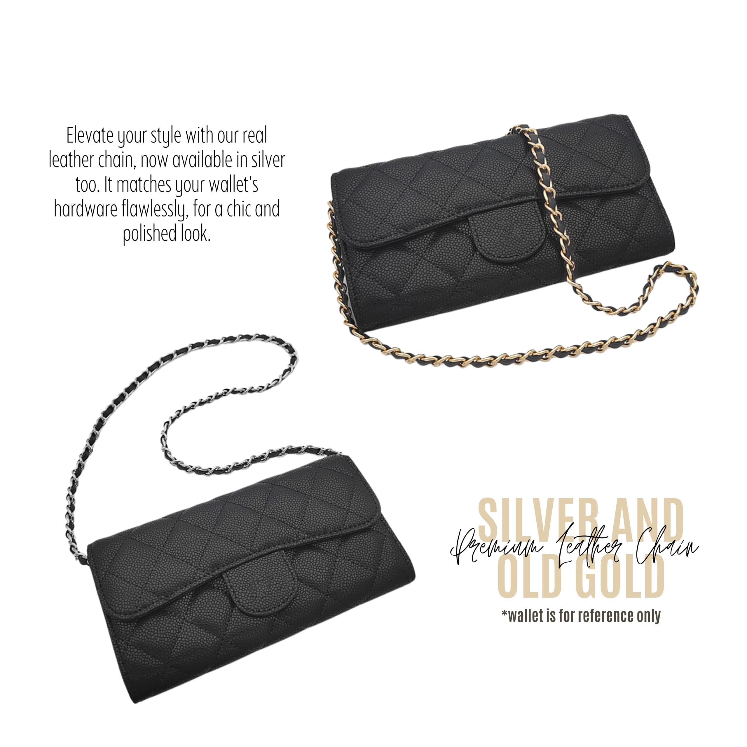 Long Wallet Conversion Kit for Long Flap Wallet Insert & Chain Strap - Gold/Silver Card Holder Crossbody Converter Kit with 120cm Leather Chain (Black) - Perfect for Everyday Use, Travel & Fashion Accessories