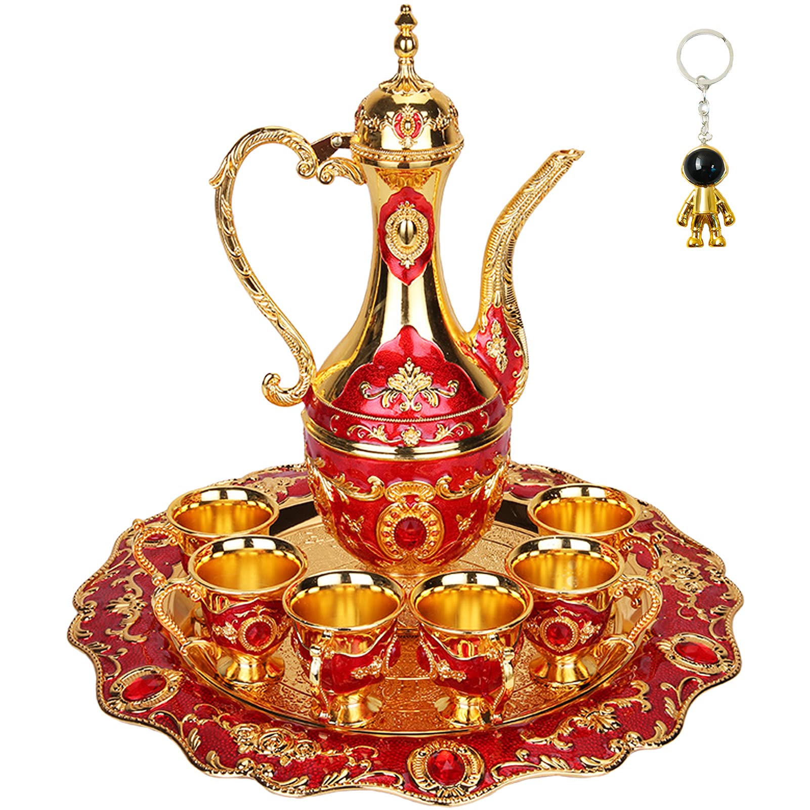 Vintage Turkish Coffee Pot Set with Teapot & 6 Metal Red Cups - Elegant Tea Service Set with Tray for Home Decor, Weddings & Traditional Coffee Ceremonies