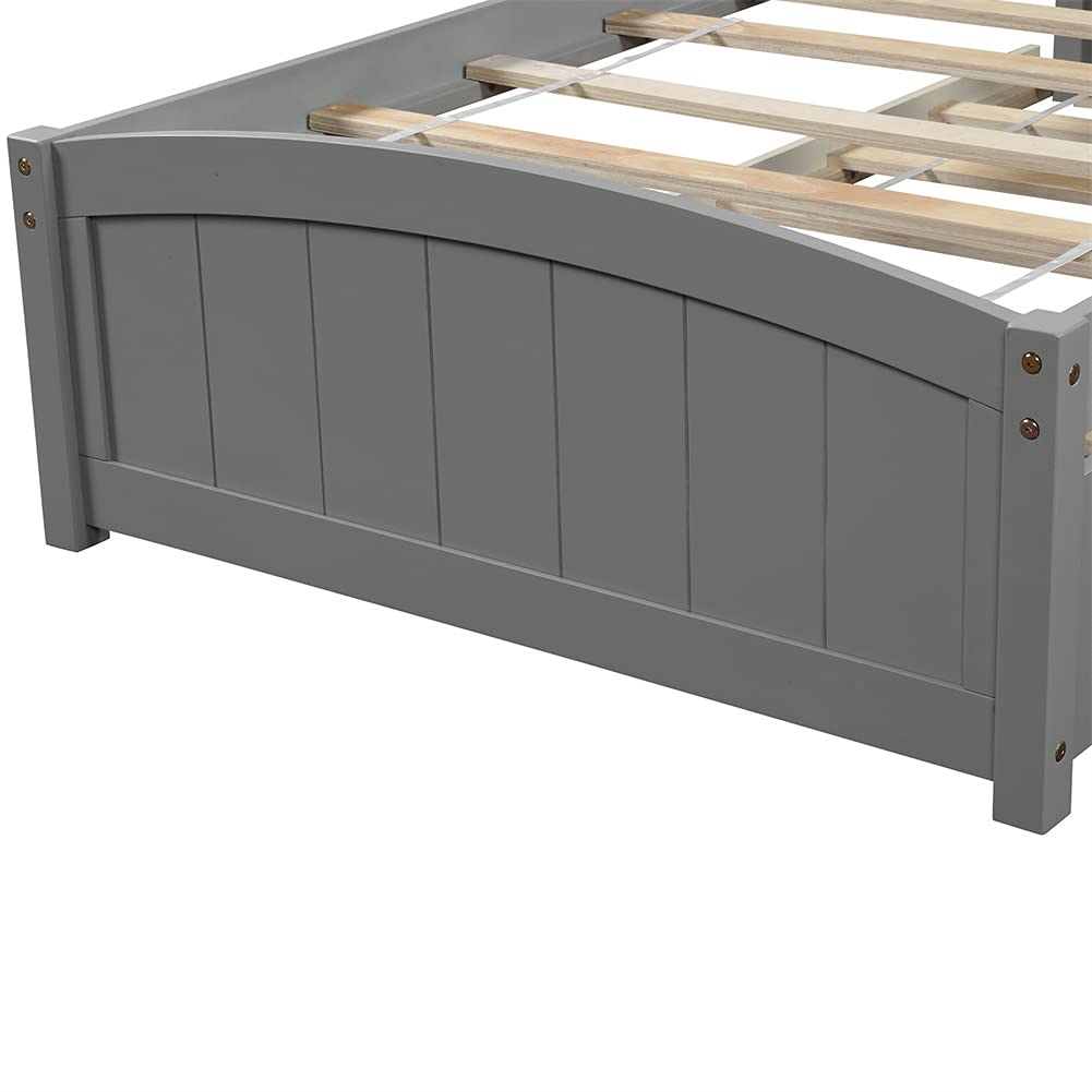 Twin Size Wood Platform Bed with Trundle, Headboard & Footboard - Easy Assembly Gray Wooden Bed Frame | Perfect for Kids Rooms, Guest Bedrooms & Small Spaces