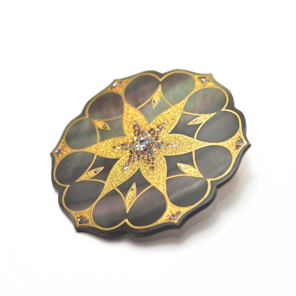 Handcrafted Maki-e Urushi Lacquer Brooch with Black Lip Oyster Pearl Shell - Geometric Japanese Jewelry for Women | Traditional Artisan Accessory for Special Occasions & Gift Giving